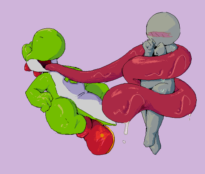 anon anthro blush bodily_fluids countershade_torso countershading digital_drawing_(artwork) digital_media_(artwork) duo eyes_closed green_body green_scales grey_body human long_tongue lying male male/male mammal mario_bros nintendo on_back saliva saliva_on_tongue saliva_string scales scalie somnamg tongue tongue_wrap yoshi