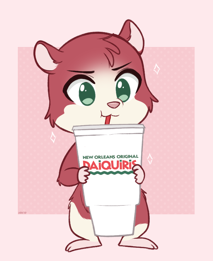 2019 anthro beverage container cricetid cup drinking drinking_straw english_text fur green_eyes hamster hasbro higglytownhero littlest_pet_shop_a_world_of_our_own logo male mammal multicolored_body new_orleans_original_daiquiris pink_nose red_body red_fur rodent simple_background solo text trip_hamston two_tone_body