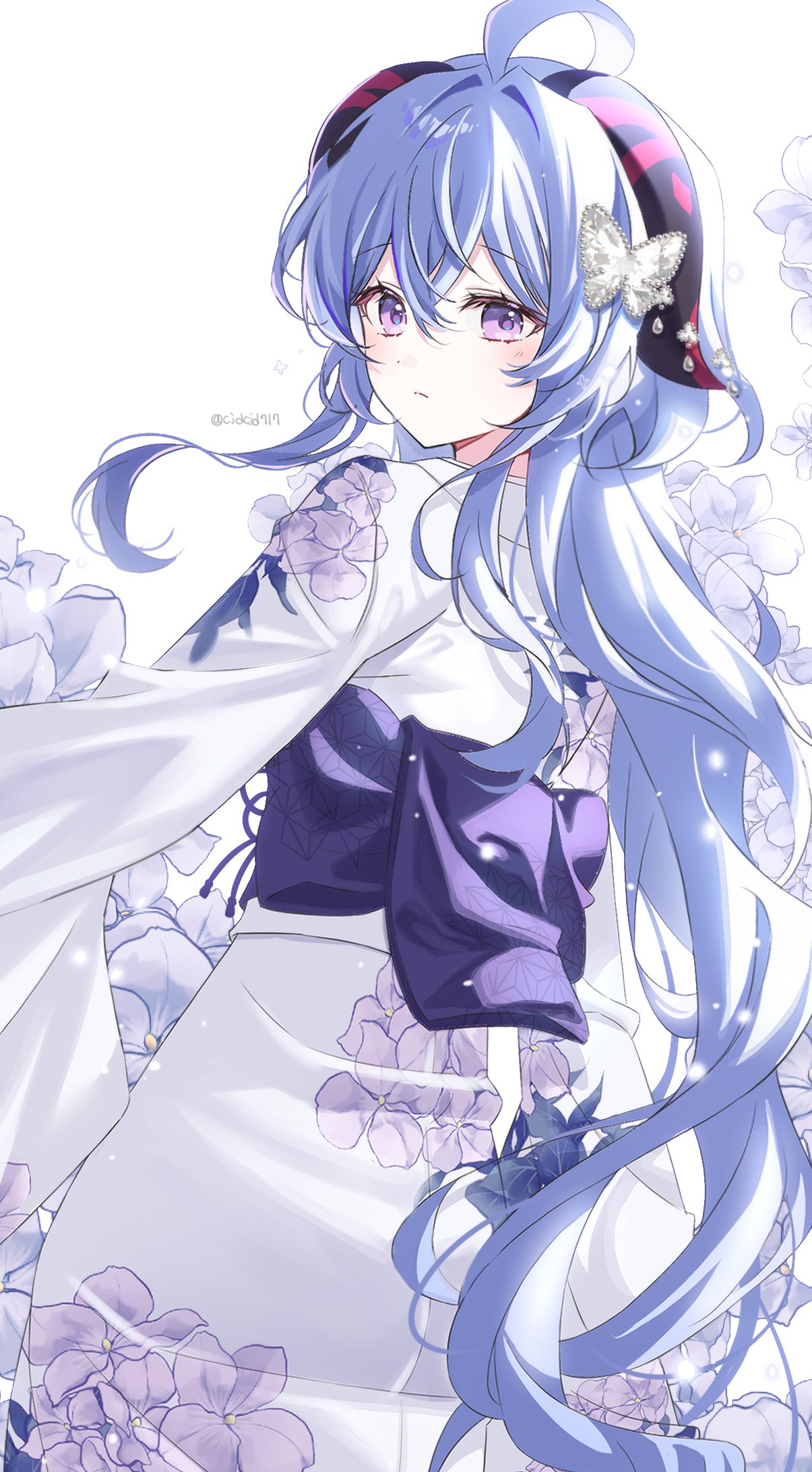1girl ahoge artist_name blue_hair blush butterfly_hair_ornament floral_print flower from_behind ganyu_(genshin_impact) genshin_impact hair_ornament highres horns japanese_clothes kimono long_hair looking_at_viewer looking_back low_ponytail mattang purple_eyes sidelocks solo