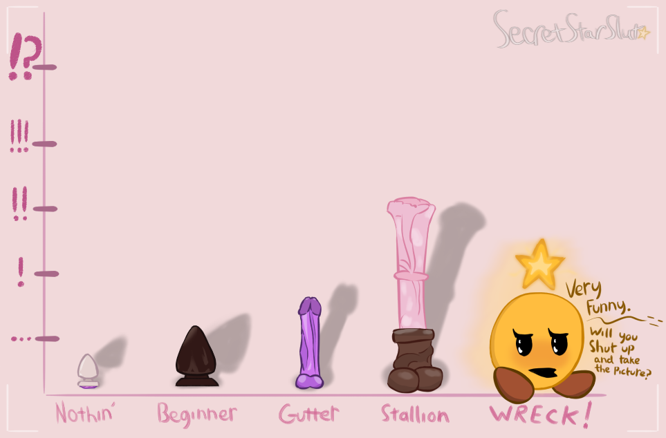 animal_dildo animal_sex_toy bemused buttplug camera_view chart comparing dialogue dildo english_text equine_dildo female humor mario_(series) mario_and_luigi_(series) mario_bros markings nintendo plug_(sex_toy) scale_markings scales secretstarslut sex_toy sitting size_queen solo solo_focus star star_sprite starlow text waddling_head yellow_body yellow_skin