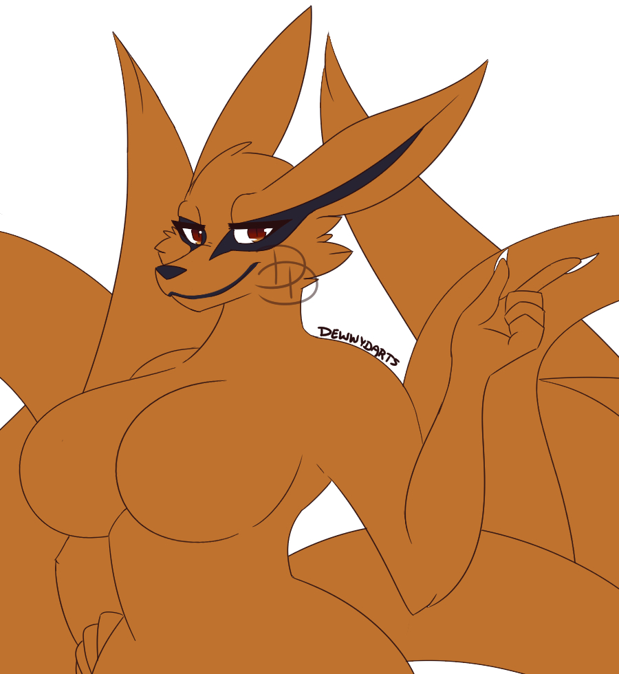 2020 5_fingers anthro big_breasts black_lips black_markings black_nose breasts canid canine cheek_tuft crossgender dewwydarts facial_tuft featureless_breasts female fingers fox fur kurama lips looking_at_viewer mammal markings mtf_crossgender multi_tail naruto nude orange_body orange_fur red_eyes simple_background solo tail tailed_beast tuft white_background