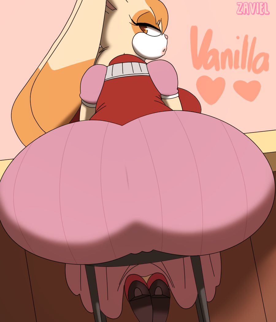 anthro big_butt breasts butt butt_focus clothing dress female footwear fur hair high_heels lagomorph leporid looking_back mammal orange_eyes orange_hair rabbit sega sitting solo sonic_the_hedgehog_(series) tan_body tan_fur vanilla_the_rabbit zaviel