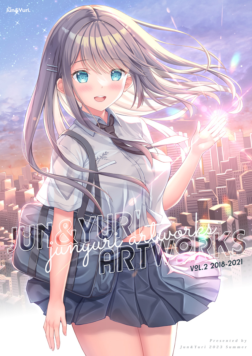 1girl :d bag black_necktie black_skirt blue_eyes blush breasts brown_hair cityscape collared_shirt commentary_request cover cover_page dress_shirt floating_hair hair_ornament hairclip hand_up highres long_hair looking_at_viewer medium_breasts navel necktie original outdoors pleated_skirt school_bag school_uniform shirakawako shirt skirt smile solo sunset teeth upper_teeth_only white_shirt