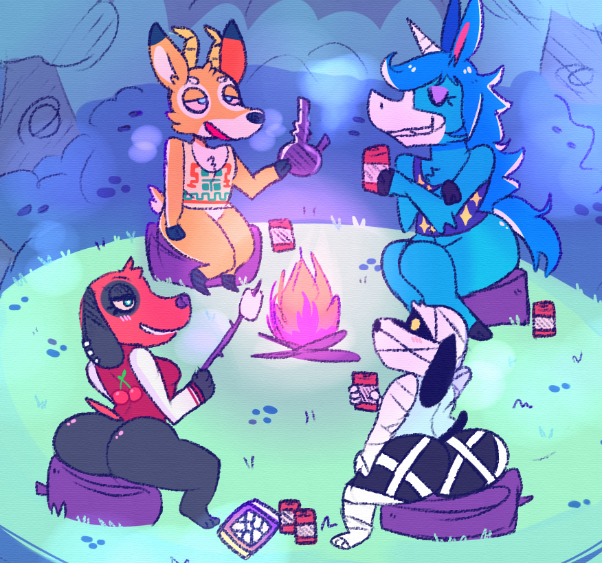 2020 animal_crossing antelope anthro bandage beau_(animal_crossing) beverage big_butt black_body black_ears black_fur black_nose black_tail blue_body blue_clothing blue_ears blue_eyes blue_fur blue_hair blue_shirt blue_tail blue_tank_top blue_topwear blush blush_lines bong bottomless bovid breasts butt campfire can candy canid canine canis cherry cherry_(animal_crossing) clawzetto clothed clothing container crossed_arms crossed_legs dessert digital_media_(artwork) domestic_dog drugged drugs ear_piercing equid equine eyes_closed eyeshadow featureless_crotch female food fruit fur grass green_eyes group hair half-closed_eyes holding_beverage holding_object hooves horn jacket julian_(animal_crossing) lucky_(animal_crossing) makeup male mammal marshmallow multicolored_body multicolored_clothing multicolored_ears multicolored_fur multicolored_topwear narrowed_eyes nintendo orange_body orange_ears orange_fur orange_tail outside partially_clothed piercing pink_nose plant purple_eyeshadow red_body red_clothing red_fur red_jacket red_sclera red_tail red_topwear shirt shrub sitting smile star stick substance_intoxication tail tank_top teeth thick_thighs topwear tree tree_stump two_tone_body two_tone_clothing two_tone_ears two_tone_fur two_tone_tail two_tone_topwear unicorn white_body white_clothing white_fur white_jacket white_tail white_topwear yellow_clothing yellow_eyes yellow_shirt yellow_tank_top yellow_topwear