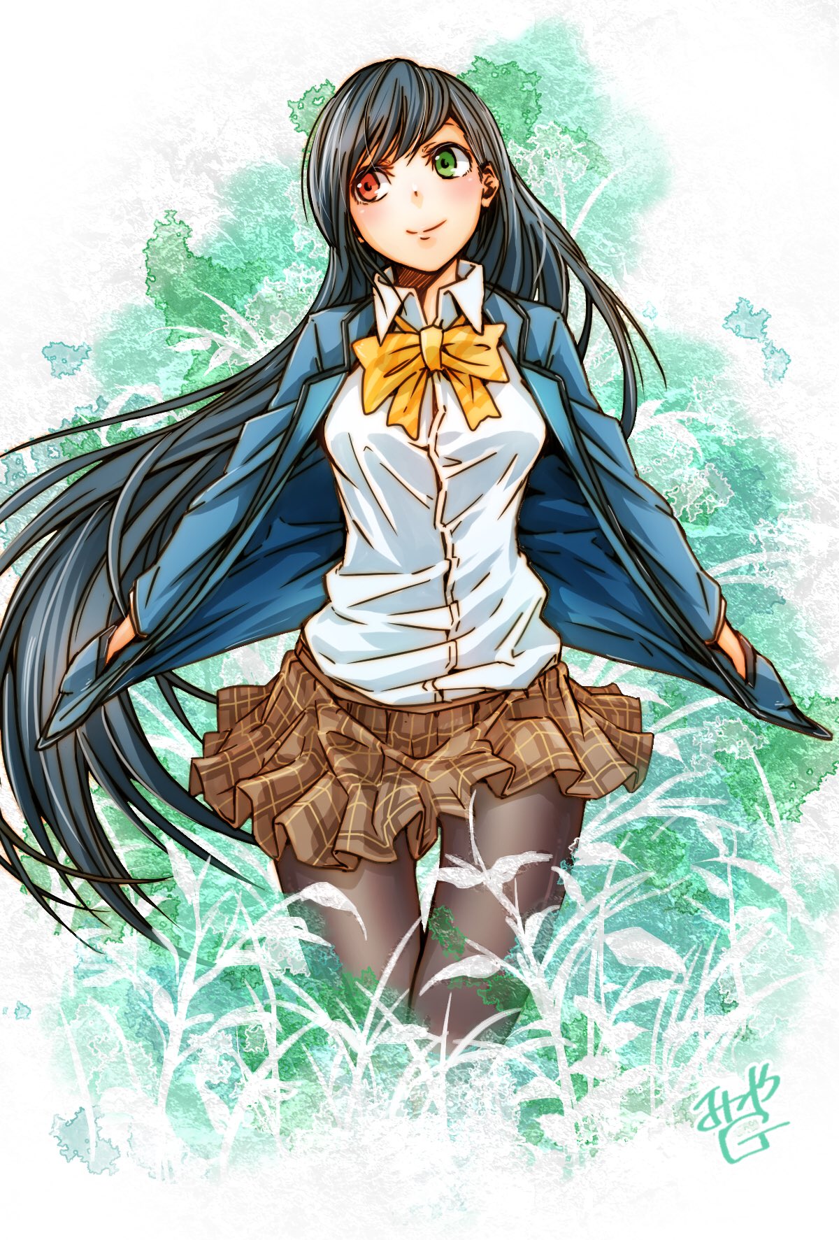 1girl a-pose artist_name black_hair black_pantyhose blazer blue_jacket blush bow bowtie brown_skirt closed_mouth diagonal-striped_bow diagonal-striped_bowtie diagonal_stripes foliage green_background green_eyes hands_in_pockets head_tilt heterochromia highres jacket light_blush long_hair looking_to_the_side looking_up miniskirt miya_g monster_strike pantyhose penglai_(monster_strike) pleated_skirt red_eyes school_uniform shirt signature skirt smile solo striped swept_bangs thigh_gap very_long_hair vignetting white_background white_shirt yellow_bow yellow_bowtie