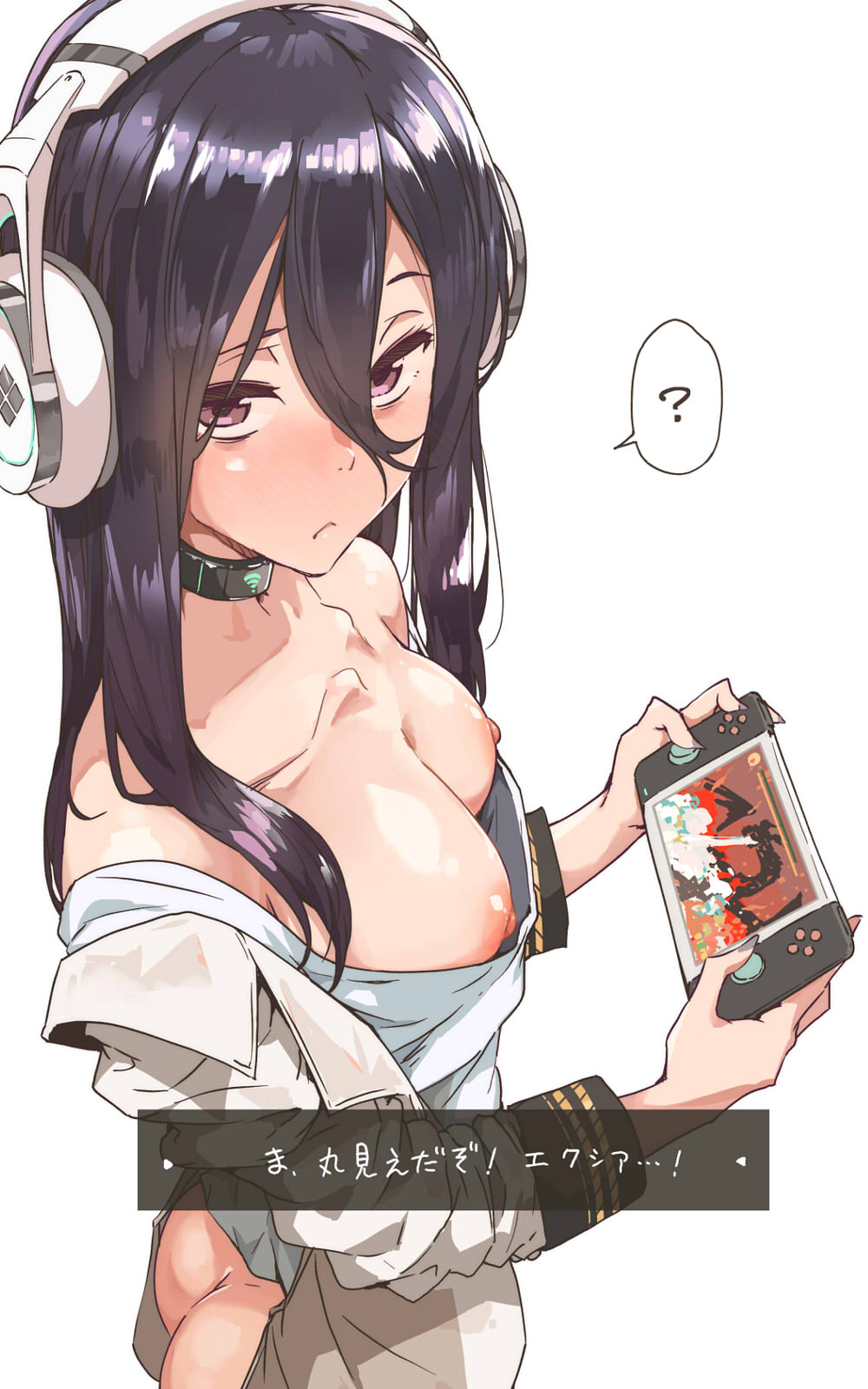1girl ? ass black_choker black_hair breasts breasts_out choker collarbone commentary exia_(nikke) from_above from_side goddess_of_victory:_nikke hair_between_eyes handheld_game_console headphones headset highres holding holding_handheld_game_console jacket light_blush long_hair medium_breasts nipples off_shoulder open_clothes open_jacket purple_eyes shirt sidelocks simple_background solo spoken_question_mark tokiwa_midori_(kyokutou_funamushi) white_background white_jacket white_shirt