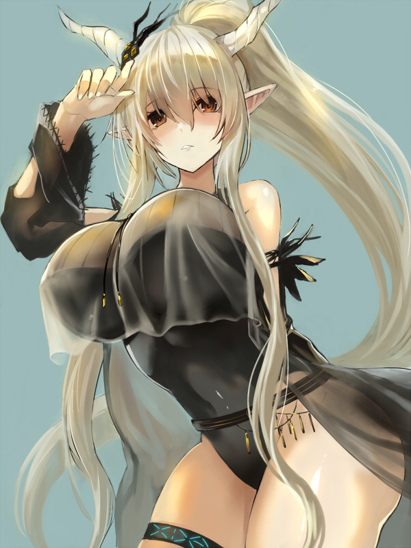 1girl arknights arm_behind_back black_one-piece_swimsuit blonde_hair breasts commentary covered_navel cowboy_shot crop_top crop_top_overhang demon_horns detached_sleeves edobox expressionless grey_background hair_between_eyes high_ponytail horn_ornament horns infection_monitor_(arknights) large_breasts leaning_forward long_hair looking_at_viewer official_alternate_costume one-piece_swimsuit orange_eyes parted_lips pointy_ears shining_(arknights) shining_(silent_night)_(arknights) simple_background solo standing swimsuit swimsuit_cover-up thighs very_long_hair