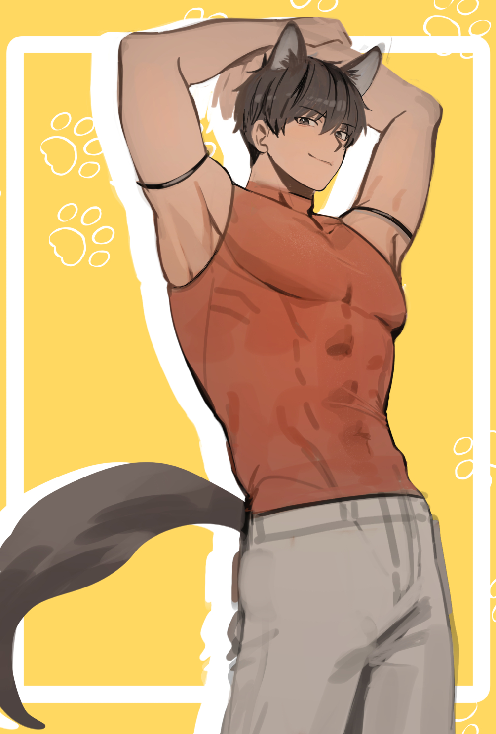 1boy abs animal_ears arash_(fate) armpits arms_up brown_eyes brown_shirt cowboy_shot dabin dog_ears dog_tail fate/grand_order fate_(series) hair_between_eyes highres kemonomimi_mode korean_commentary male_focus pants pectorals shirt short_hair sleeveless sleeveless_shirt smile solo tail toned toned_male white_pants yellow_background