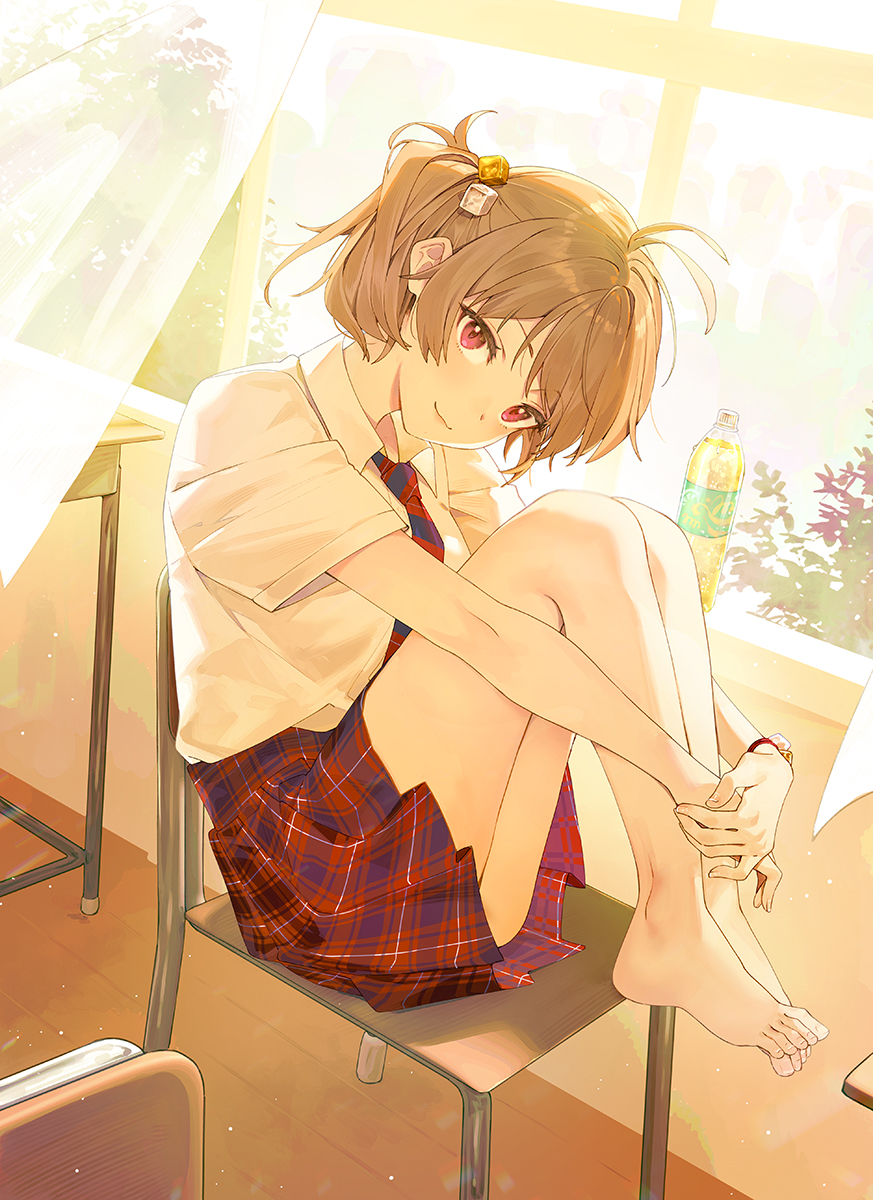 1girl ass bare_legs barefoot bottle brown_hair chair character_request closed_mouth collared_shirt cube_hair_ornament curtains desk diagonal-striped_necktie full_body hair_ornament head_tilt highres hugging_own_legs looking_at_viewer nagu on_chair one_side_up plaid plaid_skirt pleated_skirt red_eyes red_skirt school_chair school_desk school_uniform shirt short_sleeves sidelocks skirt smile solo tenshi_wa_tansan_shika_nomanai transparent white_shirt window