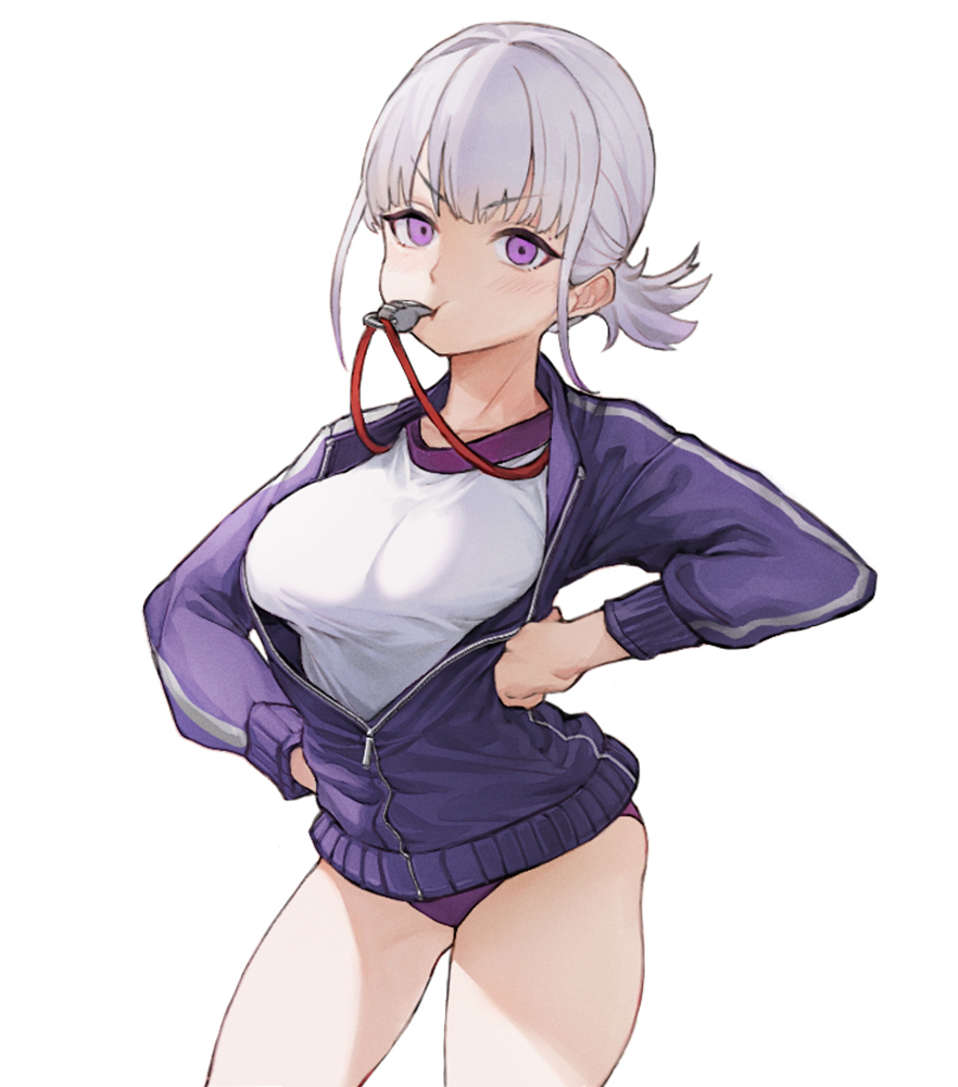 1girl alternate_costume blowing_whistle buruma cowboy_shot girls'_frontline gym_uniform hand_on_own_hip jacket looking_at_viewer mouth_hold open_clothes purple_buruma purple_eyes purple_jacket rpk-16_(girls'_frontline) shirt short_hair simple_background solo standing thighs track_jacket whistle white_background white_shirt zerowill