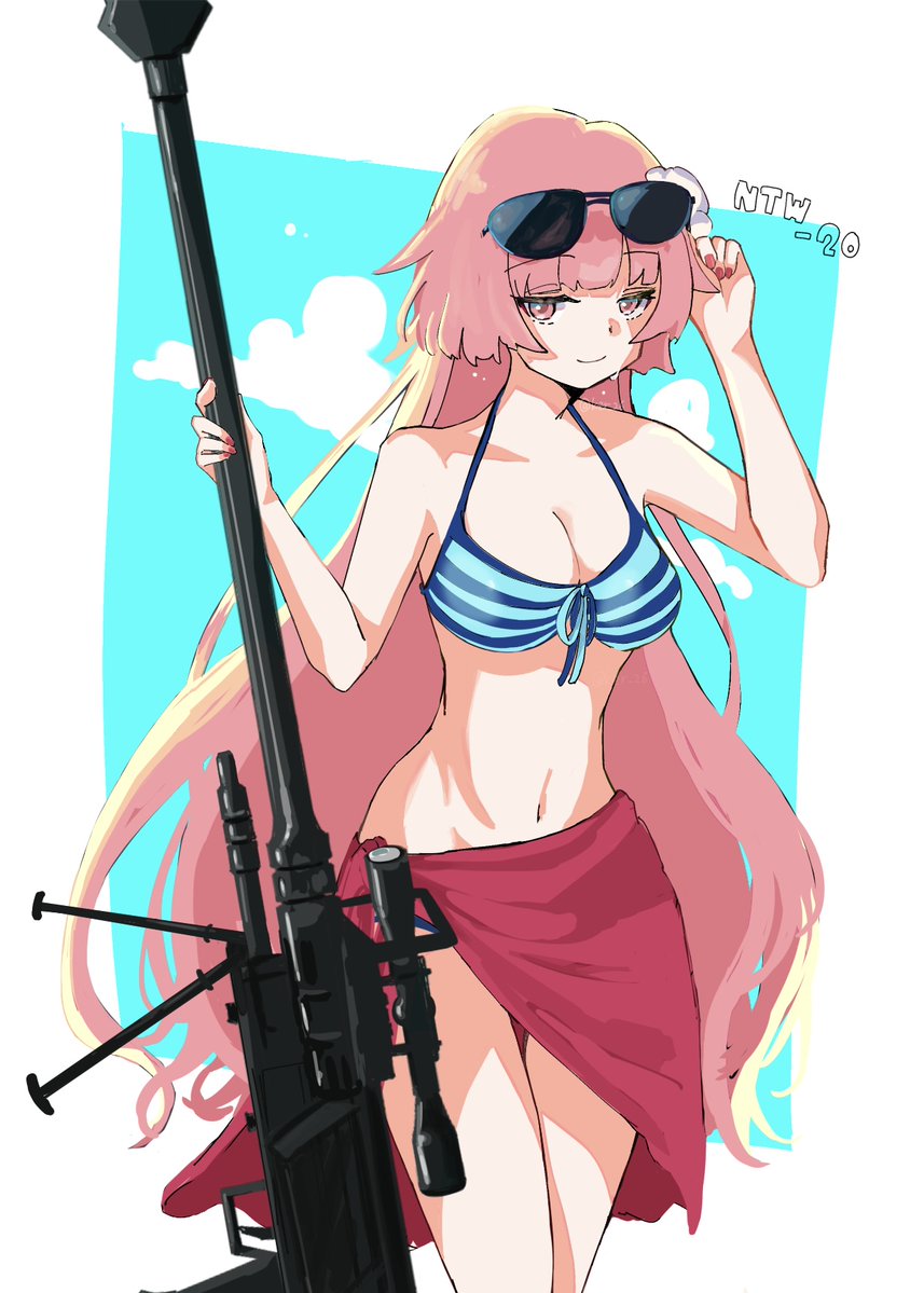 1girl anti-materiel_rifle arm_up bikini blue_background breasts character_name cleavage closed_mouth commentary_request eyewear_on_head front-tie_bikini_top front-tie_top girls'_frontline gun hand_up holding holding_gun holding_weapon kzr_26 long_hair medium_breasts nail_polish name_connection navel ntw-20 ntw-20_(girls'_frontline) object_namesake pink_hair red_eyes red_nails rifle sarong scope smile sniper_rifle solo striped striped_bikini sunglasses swimsuit two-tone_background very_long_hair weapon white_background