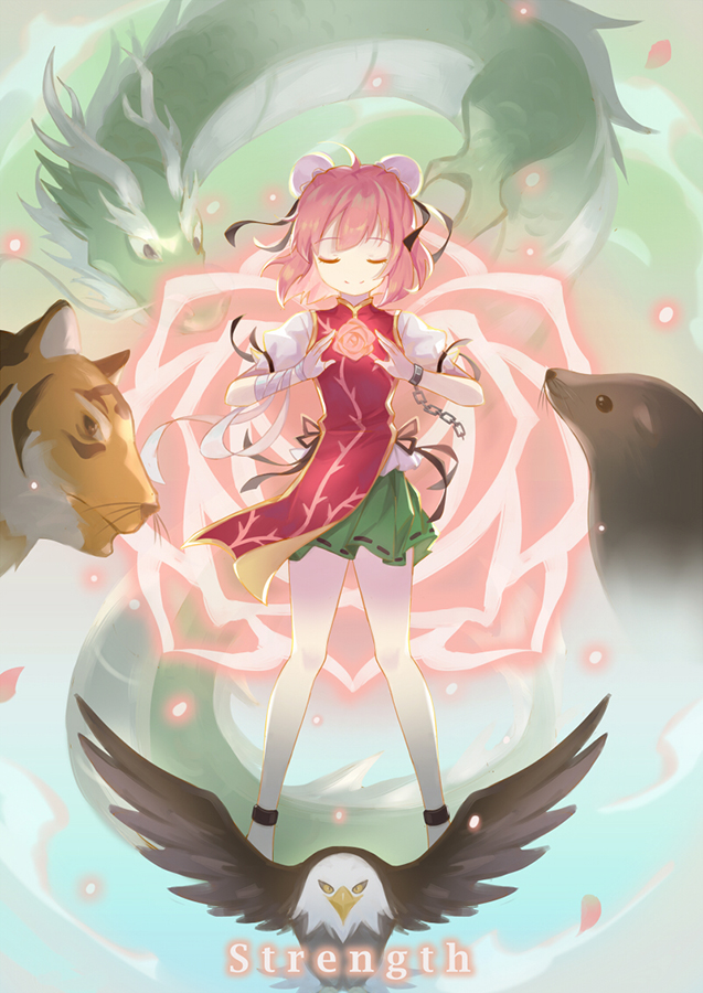 1girl ahoge animal bandaged_arm bandages bird bun_cover chain closed_eyes closed_mouth cuffs dragon eagle eastern_dragon flower full_body green_skirt ibaraki_kasen pink_flower pink_hair pink_rose rose seal_(animal) short_hair skirt smile solo tabard tiger touhou vikramjoti