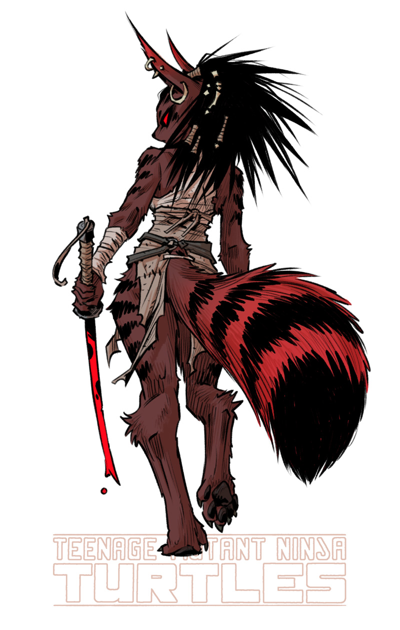 anthro bare_shoulders barefoot belt blood blood_on_sword blood_on_weapon bodily_fluids canid canine clothed clothing digitigrade ear_piercing ear_ring feet female fox fur hair hi_res holding_object holding_sword holding_weapon idw_publishing logo mammal markings melee_weapon mooncalfe ninjara_(tmnt) no_underwear official_art pawpads piercing rear_view red_eyes ring_piercing simple_background simple_clothing solo spiky_hair striped_arm striped_arms striped_body striped_fur striped_leg striped_legs striped_markings striped_tail stripes sword tail tail_markings teenage_mutant_ninja_turtles teenage_mutant_ninja_turtles_adventures torn_clothing umeko_(tmnt) walking walking_away weapon white_background wristwear