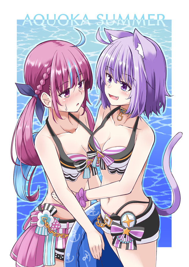 2girls ahoge animal_ears bare_shoulders bikini bikini_under_clothes blue_hair blush bow braid breasts cat_ears cat_girl cat_tail chain cleavage collar eye_contact fang front-tie_bikini_top front-tie_top hair_ribbon highleg highleg_bikini hololive hololive_summer_2023_swimsuit ichimi long_hair looking_at_another medium_breasts minato_aqua multicolored_hair multiple_girls navel nekomata_okayu open_mouth pink_bikini pink_eyes pink_hair purple_bikini purple_eyes purple_hair ribbon single_braid smile streaked_hair striped striped_bikini swimsuit tail virtual_youtuber yuri