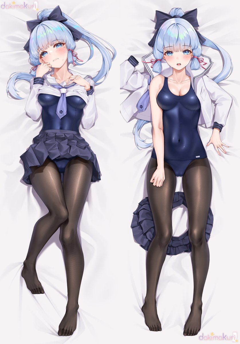 1girl bed_sheet blue_bow blue_eyes blue_neckerchief blue_one-piece_swimsuit blue_skirt blush bow breasts brown_pantyhose cameltoe cleavage closed_mouth clothes_lift collarbone covered_navel dakimakura_(medium) feet fine_fabric_emphasis from_above full_body genshin_impact hair_bow hair_ribbon hands_up head_tilt highres impossible_clothes impossible_swimsuit kamisato_ayaka logo long_hair looking_at_viewer lying matrix16 mole mole_under_eye multiple_views neckerchief no_shoes on_back one-piece_swimsuit open_mouth pantyhose pantyhose_under_swimsuit partially_undressed pink_ribbon pleated_skirt ponytail ribbon sailor_collar school_uniform serafuku shadow shirt_lift sidelocks skirt swimsuit swimsuit_under_clothes thighband_pantyhose thighs toes unworn_skirt very_long_hair