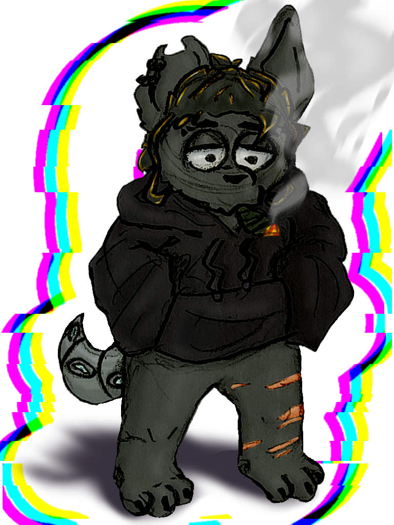 anthro canid canine canis chibi drugs goldi_(the_g0lden_0ne) male mammal marijuana metal_tail piecing pullover scar scars_on_thighs smoke smoking smoking_weed solo the_g0lden_0ne wolf
