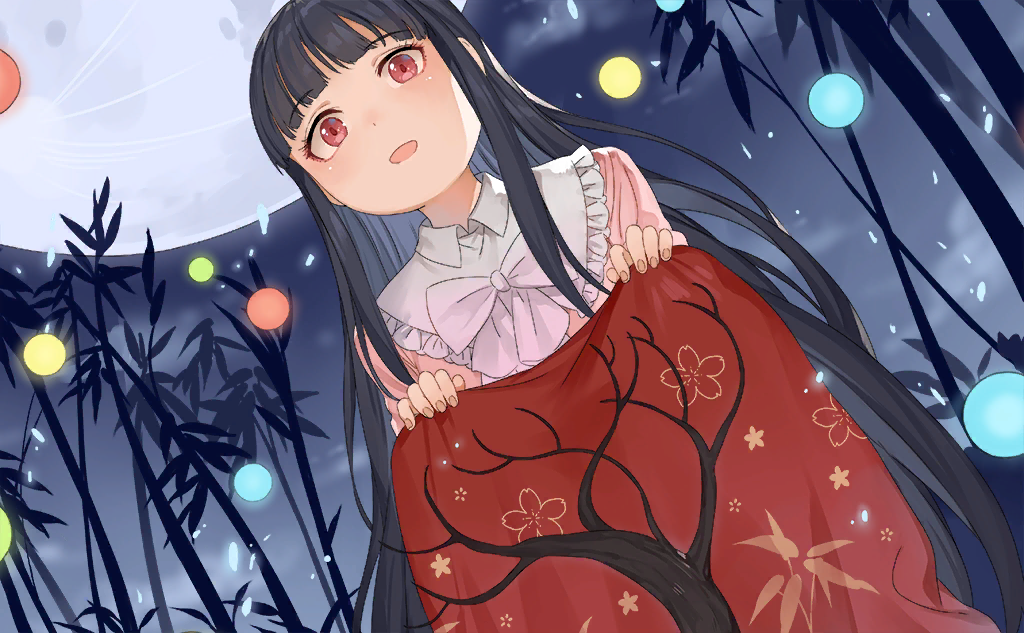 1girl bamboo bamboo_forest black_hair blunt_bangs blush bow bowtie cloud collar collared_shirt confetti dutch_angle eyelashes floral_print forest frilled_collar frills full_moon game_cg haijin hime_cut houraisan_kaguya leaf_print long_hair long_skirt moon nature night night_sky official_art open_mouth outdoors pink_eyes pink_shirt red_skirt shirt sitting skirt sky smile third-party_source touhou touhou_cannonball tree tree_print very_long_hair white_bow white_bowtie white_collar