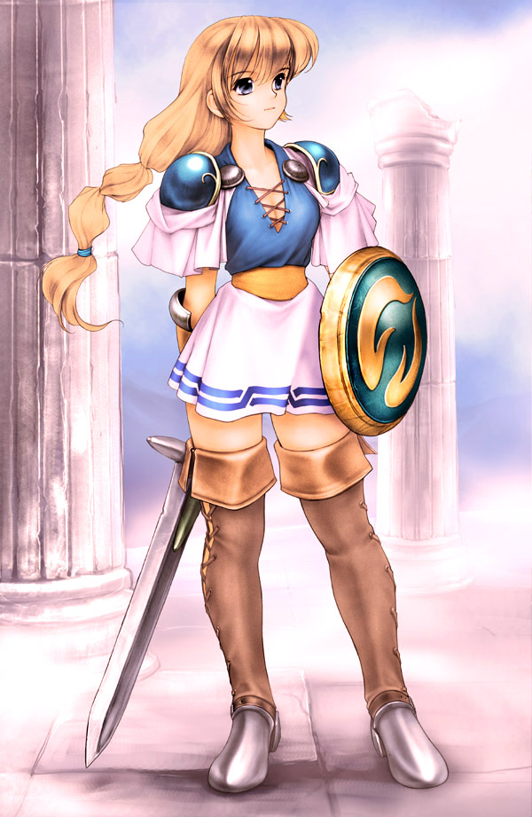 1girl aqueduct armor artist_request blonde_hair blue_eyes boots braid breasts brown_thighhighs long_hair medium_breasts non-web_source shield shoulder_armor skirt solo sophitia_alexandra soulcalibur sword thighhighs warrior weapon