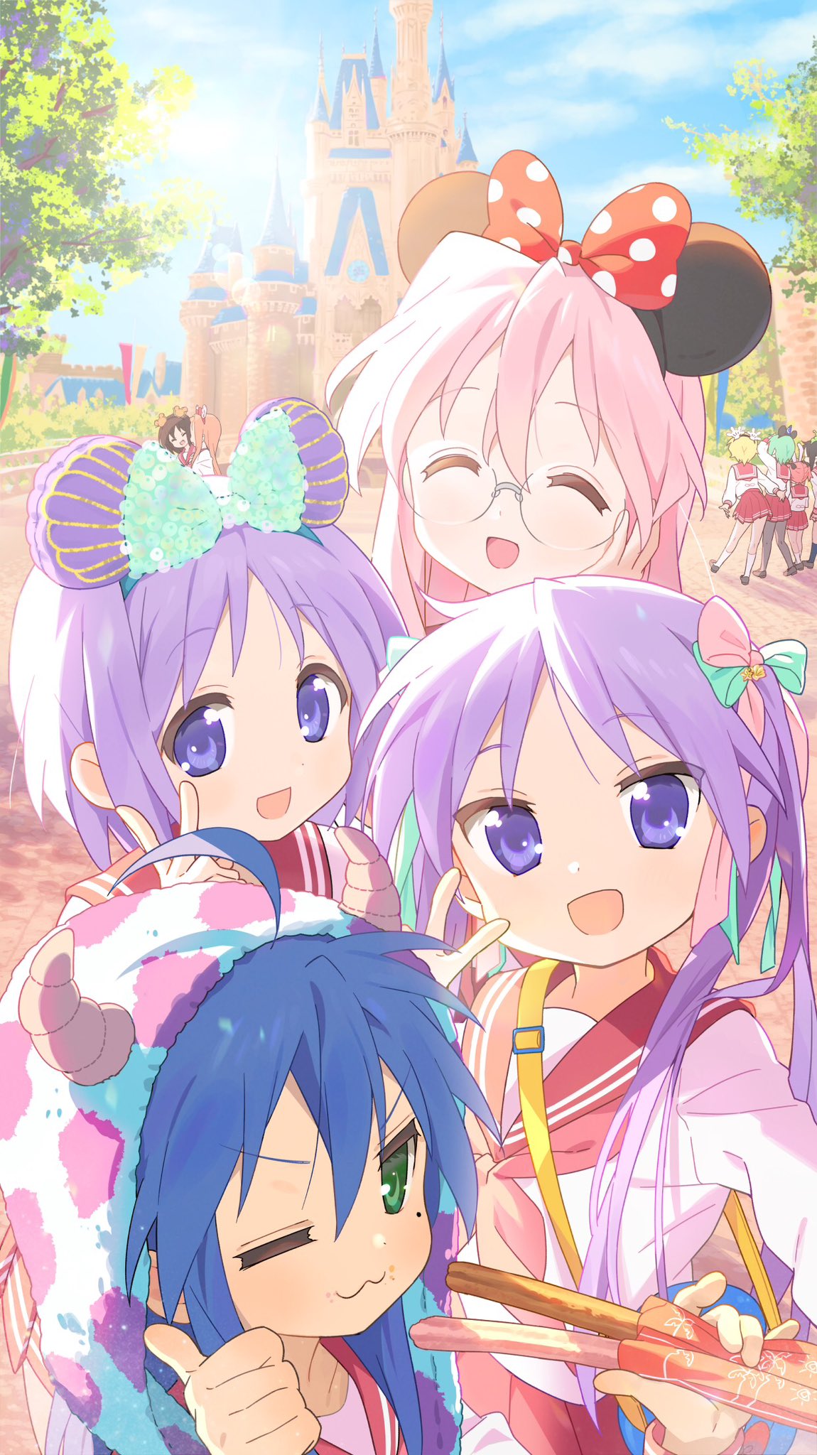 4girls ahoge blue_hair closed_eyes disneyland green_eyes hand_on_own_cheek hand_on_own_face highres hiiragi_kagami hiiragi_tsukasa izumi_konata long_hair lucky_star mickey_mouse_ears mole mole_under_eye multiple_girls neckerchief one_eye_closed pink_hair pink_neckerchief purple_eyes purple_hair red_sailor_collar round_eyewear ryouou_school_uniform sailor_collar school_uniform serafuku short_hair siblings sisters suboekaki takara_miyuki twins twintails v