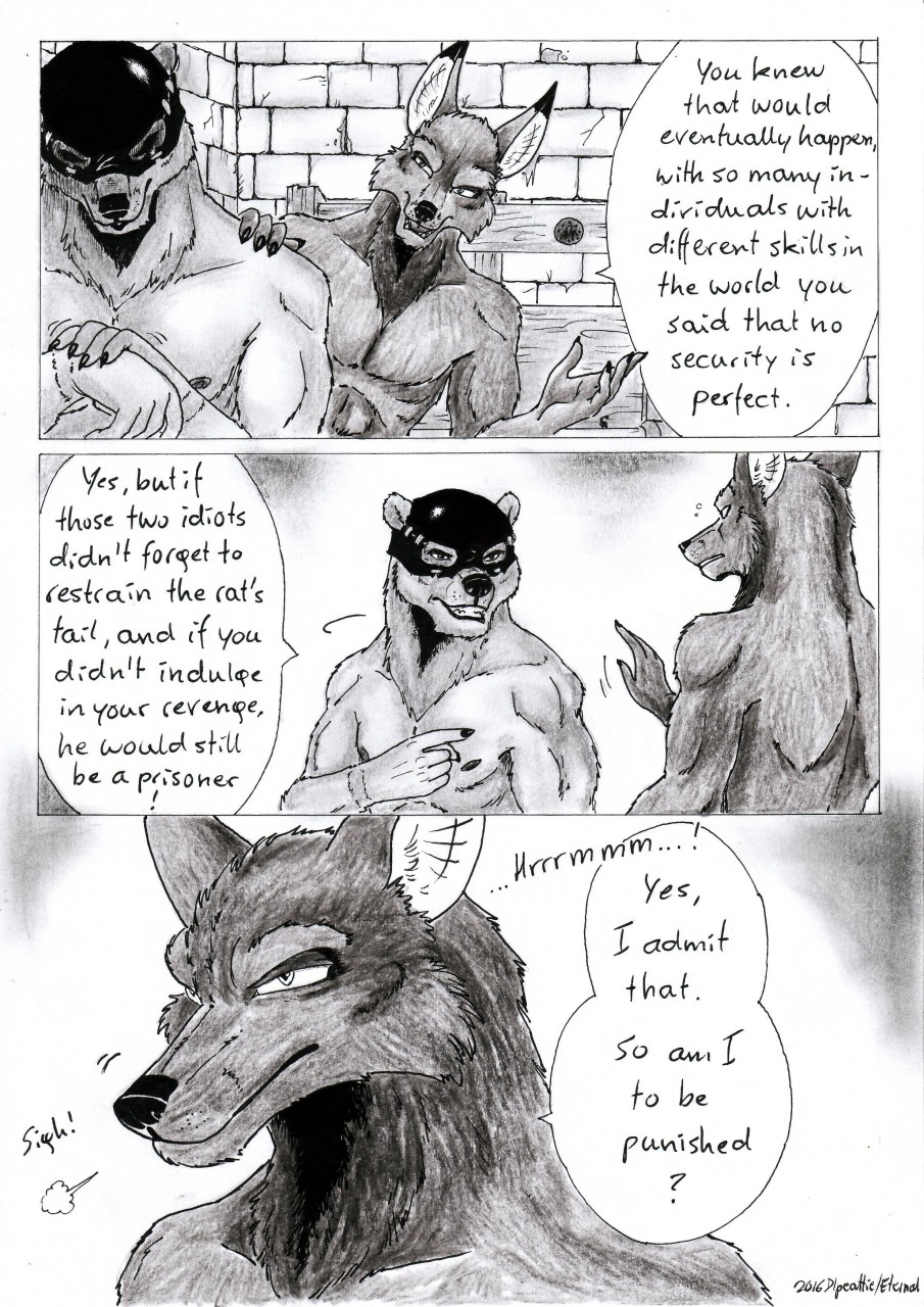 2016 anthro bear black_and_white brick_wall canid canine canis claws clothed clothing comic dialogue dlpeattie don_solletico dungeon duo english_text eternal.knot executioner_hood fantasy feet finger_claws fingers fur gesture hand_on_shoulder hi_res humanoid_hands inside jackal looking_at_another looking_down male mammal monochrome murid murine muscular muscular_anthro muscular_male nipples pointing prick_ears rodent snout speech_bubble standing text three_frame_image tools topless topless_anthro topless_male wall_(structure) zharr_j_wolf