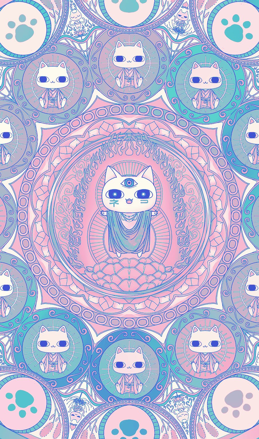6+others buddhism cat catnip closed_eyes cosmos_34 expressionless fangs flower highres indian_style looking_at_viewer lotus mandala meditation monk multiple_others original paw_print robe sitting smile spider_lily third_eye