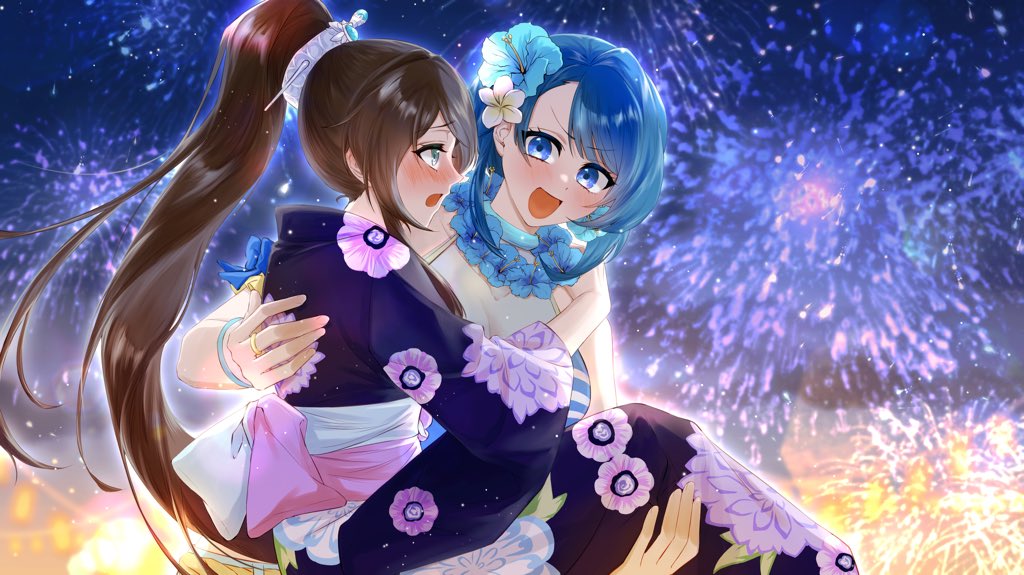 2girls :d aerial_fireworks aizawa_kazuha aqua_eyes assault_lily asymmetrical_hair bikini blue_bikini blue_eyes blue_flower blue_hair blue_kimono blush bracelet breasts brown_hair carrying cleavage commentary_request eye_contact fireworks floral_print flower flower_necklace hair_flower hair_ornament hair_stick halterneck hand_on_another's_shoulder hibiscus high_ponytail japanese_clothes jewelry kimono lei long_hair long_sleeves looking_at_another medium_breasts medium_hair miya_hiroya_(vie) multiple_girls night night_sky nose_blush obi official_alternate_costume open_mouth outdoors ponytail princess_carry print_kimono profile ring sash see-through serizawa_chikaru sky smile standing striped striped_bikini swimsuit upper_body v-shaped_eyebrows very_long_hair white_flower wide_sleeves yuri