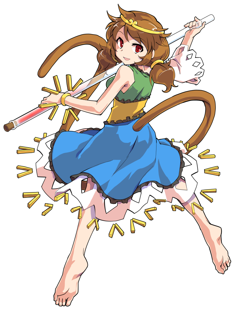 1girl alphes_(style) barefoot blue_dress breasts brown_hair circlet dairi detached_sleeves dress full_body green_dress long_hair looking_at_viewer low_twintails medium_breasts monkey_tail multicolored_clothes multicolored_dress open_mouth parody red_eyes single_detached_sleeve smile solo son_biten style_parody tachi-e tail test_tube touhou transparent_background twintails white_sleeves yellow_dress