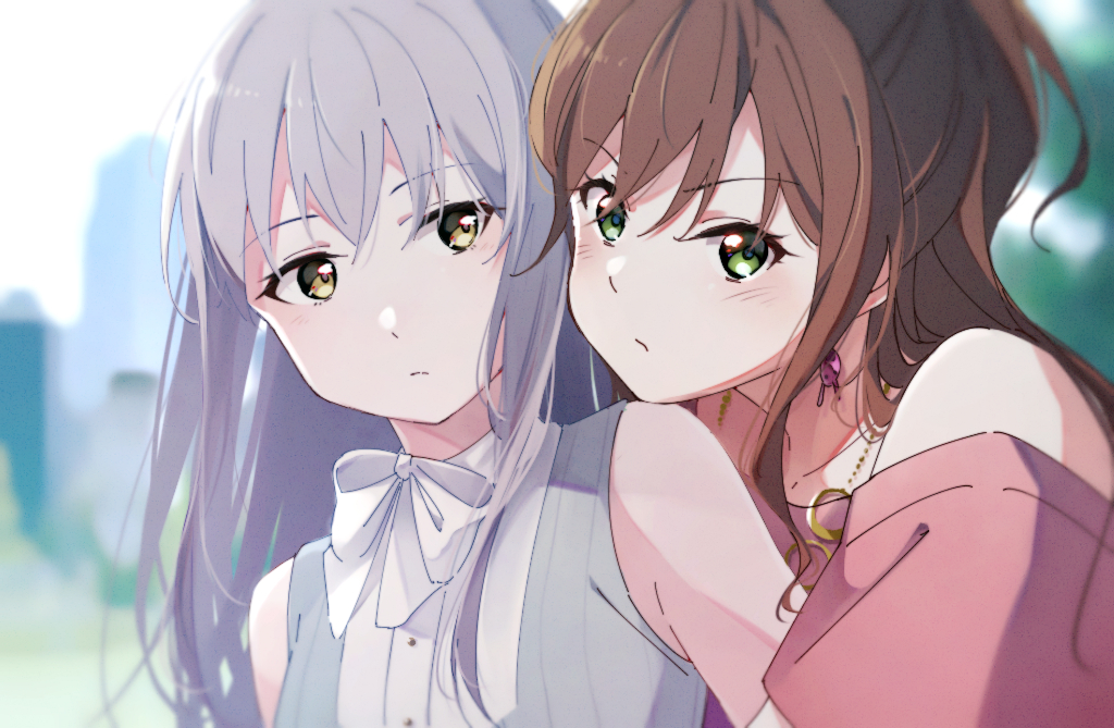 2girls bang_dream! blurry blurry_background bow brown_hair commentary_request dress earrings green_eyes grey_dress grey_hair holding_another's_arm imai_lisa jewelry long_hair looking_at_viewer minato_yukina multiple_girls necklace pink_shirt ponytail rabbit_earrings shirt sidelocks single_bare_shoulder toto_(sa-dosama) white_bow white_shirt yellow_eyes yuri