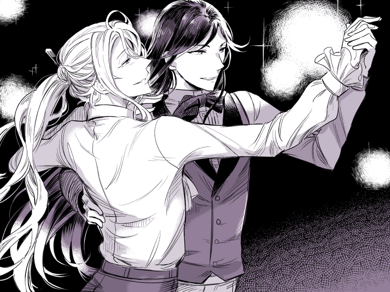 2boys belt black_background blurry bokeh bow bowtie bungou_to_alchemist dancing depth_of_field dress_shirt frilled_sleeves frills greyscale hair_between_eyes hair_ornament hair_stick hand_on_another's_back holding_hands light_blush long_hair long_sleeves looking_to_the_side male_focus monochrome multiple_boys nagai_kafuu_(bungou_to_alchemist) pants parted_lips ponytail profile shirt smile swept_bangs tanizaki_junichirou_(bungou_to_alchemist) traditional_bowtie upper_body vest yueno