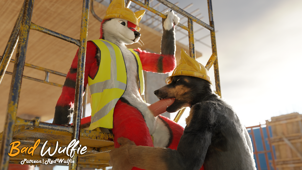 16:9 2023 3d_(artwork) anthro armor artist_name canid canine canis clothing construction construction_equipment construction_site construction_worker digital_media_(artwork) dobermann domestic_dog duo hard_hat headgear helmet humanoid male male/male mammal pinscher red_(red_wulfie) red_wulfie safety_vest signature topwear troy_(red_wulfie) vest watermark widescreen wolf