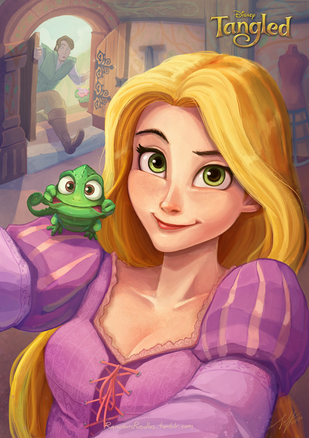 1boy 1girl blonde_hair boots brown_footwear brown_hair company_name copyright_name dress european_clothes green_eyes green_shirt jeff-mahadi long_hair pants purple_dress rapunzel_(disney) shirt short_hair tangled upper_body watermark