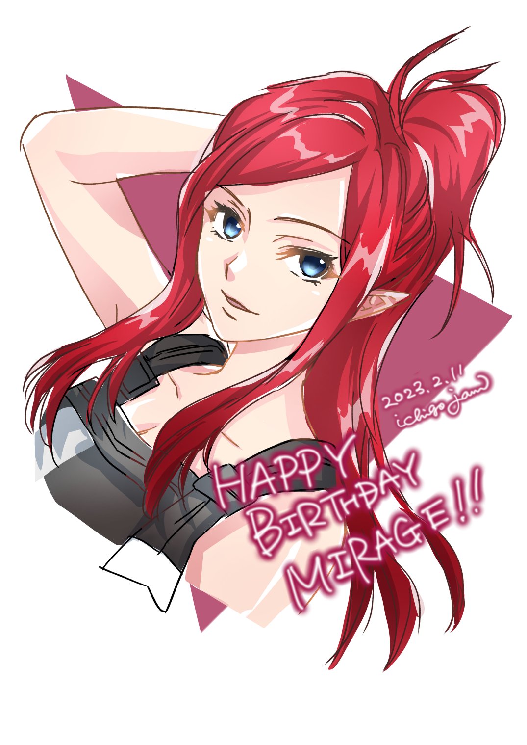 1girl alternate_hair_color arm_behind_head artist_name black_dress blue_eyes breasts character_name cleavage collarbone dated dress english_commentary hair_behind_ear happy_birthday highres ichigo_jam macross macross_delta mirage_farina_jenius parted_lips pointy_ears portrait red_hair smile solo