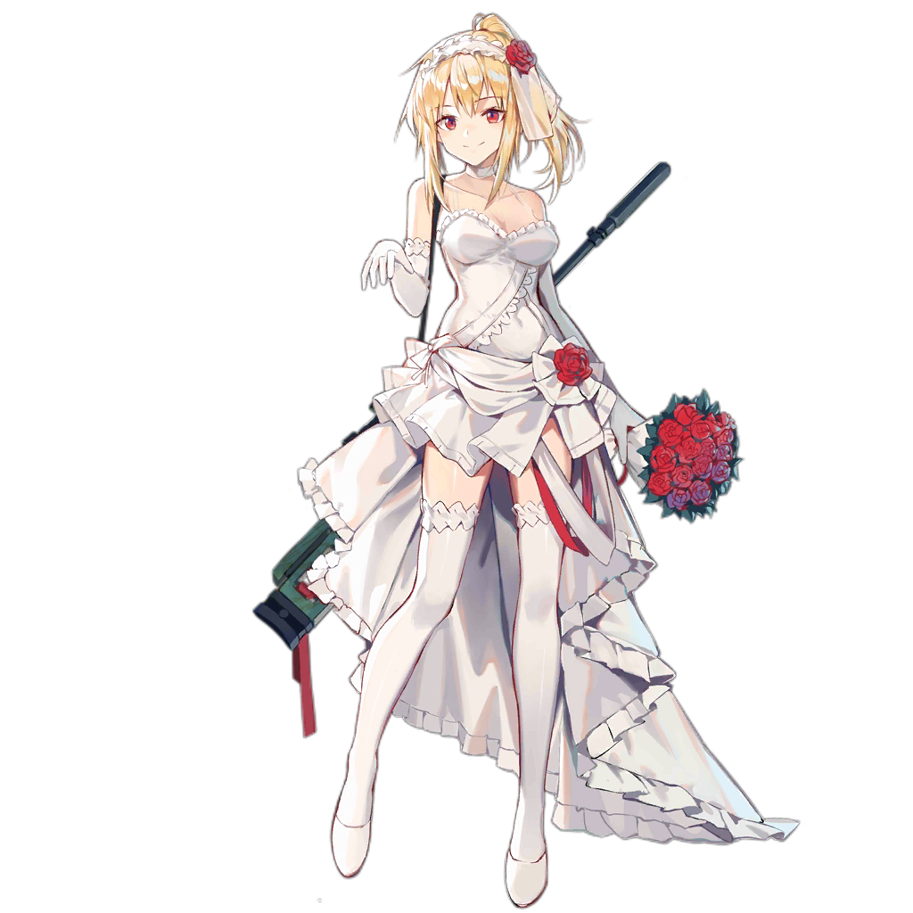 1girl bare_shoulders blonde_hair bouquet breasts choker cleavage closed_mouth collarbone dress elbow_gloves flower full_body girls'_frontline gloves hair_flower hair_ornament hairband holding holding_bouquet huanxiang_heitu long_hair looking_at_viewer medium_breasts official_alternate_costume official_art ponytail red_eyes red_flower red_rose rose smile solo standing sv-98 sv-98_(girls'_frontline) sv-98_(pierce_your_heart!)_(girls'_frontline) thighhighs transparent_background weapon weapon_on_back wedding_dress white_choker white_footwear white_gloves white_thighhighs