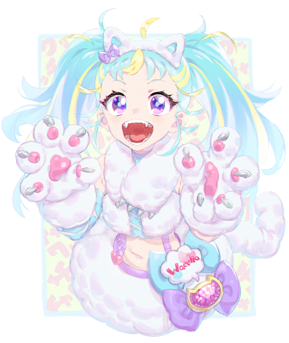 1girl :d ahoge animal_ears animal_hands blonde_hair blue_bow blue_hair blush bow cat_ear_hairband cat_ears cat_paws cat_tail claws commentary_request fake_animal_ears fake_tail fangs fluffy fur-trimmed_skirt fur_scarf fur_trim gloves hairband hands_up long_hair looking_at_viewer midriff multicolored_hair murakami_hisashi myamu open_mouth paw_gloves pretty_(series) purple_bow purple_eyes skirt smile solo streaked_hair tail teeth twintails waccha_primagi! white_gloves white_hairband white_skirt