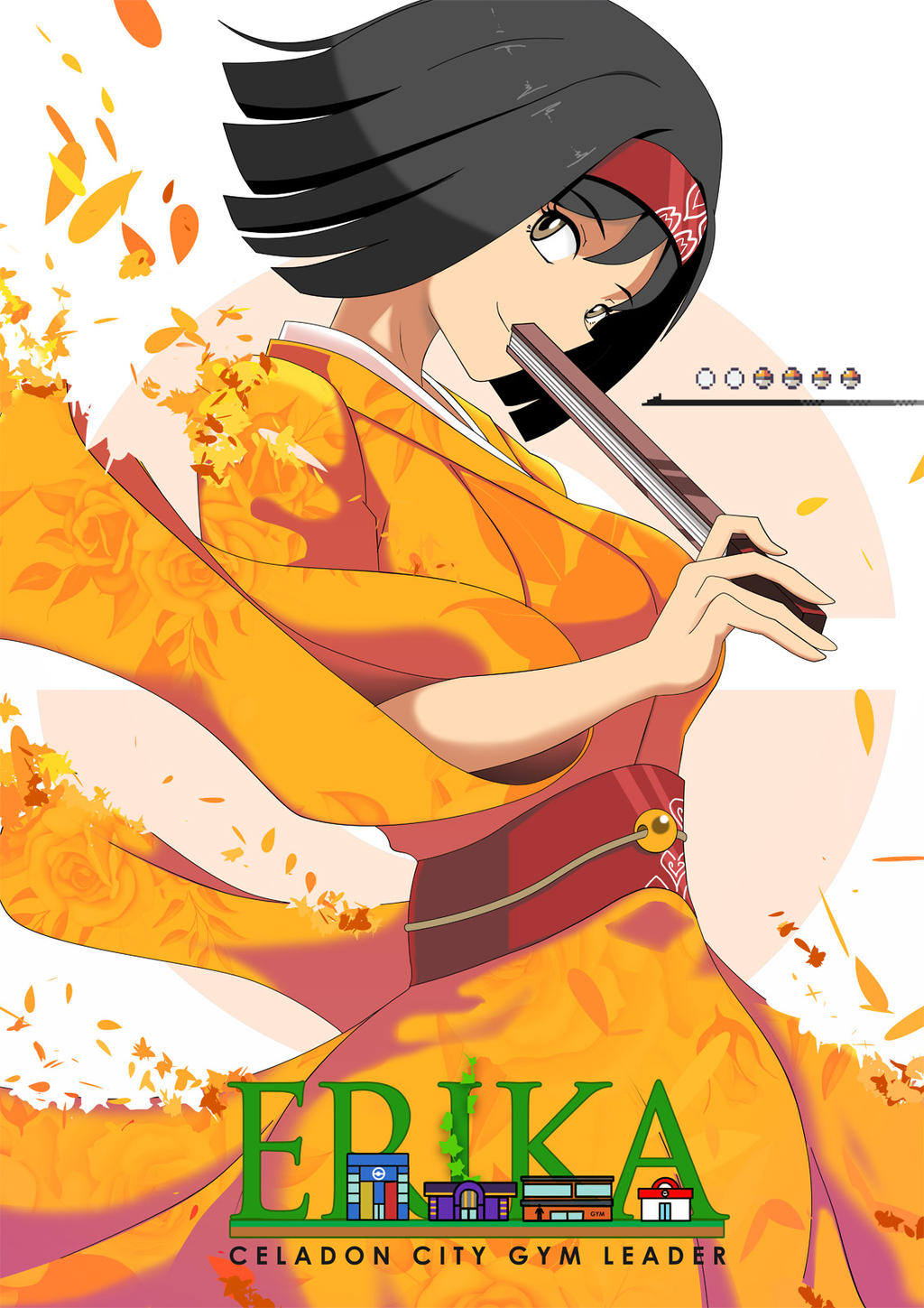 1girl black_hair bob_cut brown_eyes character_name dress erika_(pokemon) floral_print hairband hand_fan highres holding holding_fan japanese_clothes kimono leaf looking_at_viewer pokemon pokemon_(game) pokemon_frlg print_kimono red_hairband short_hair smile solo vivivoovoo wide_sleeves yellow_dress yellow_kimono