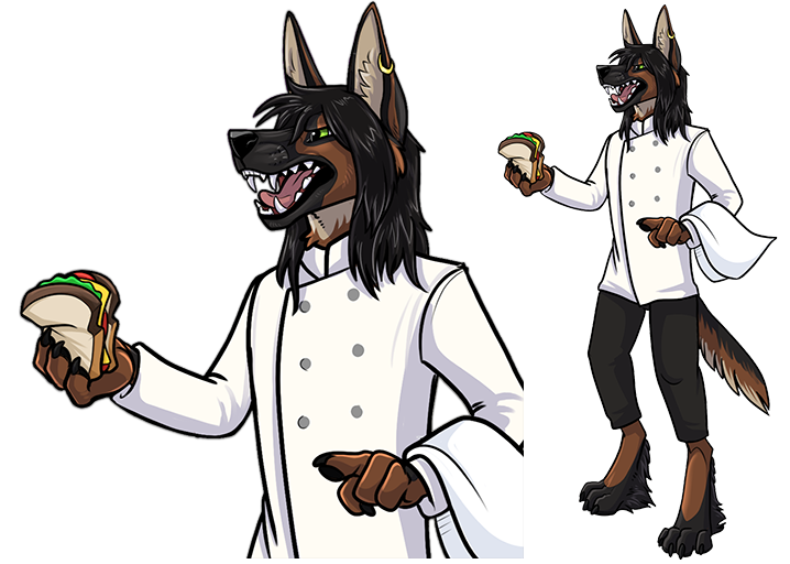 afevis_(character) anthro athletic athletic_anthro athletic_male black_body black_fur black_hair black_nose blue_eyes body_hair brown_body brown_fur canid canine canis chef chef_uniform claws domestic_dog ear_piercing ear_ring fingers food fur german german_shepherd hair herding_dog heterochromia likeshine long_hair male mammal pastoral_dog piercing ring_piercing sandwich_(disambiguation) sandwich_(food) shepherd tan_body tan_fur telegram_sticker telegramstickers