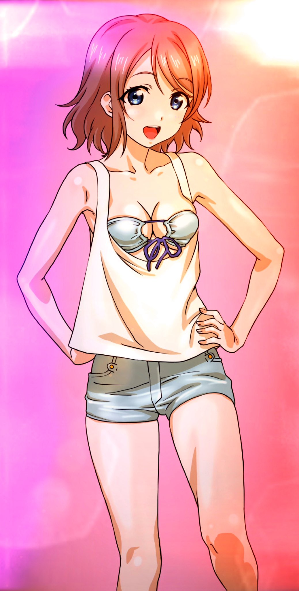 1girl aqua_bra bare_arms bare_shoulders blue_eyes blue_shorts bra breasts collarbone commentary_request denim denim_shorts gradient_background grey_hair hands_on_own_hips highres looking_at_viewer loose_clothes love_live! love_live!_sunshine!! medium_breasts multicolored_background open_mouth pink_background purple_background shiny_skin shorts skindentation solo standing tank_top teeth thighs underwear watanabe_yoshihiro watanabe_you white_tank_top