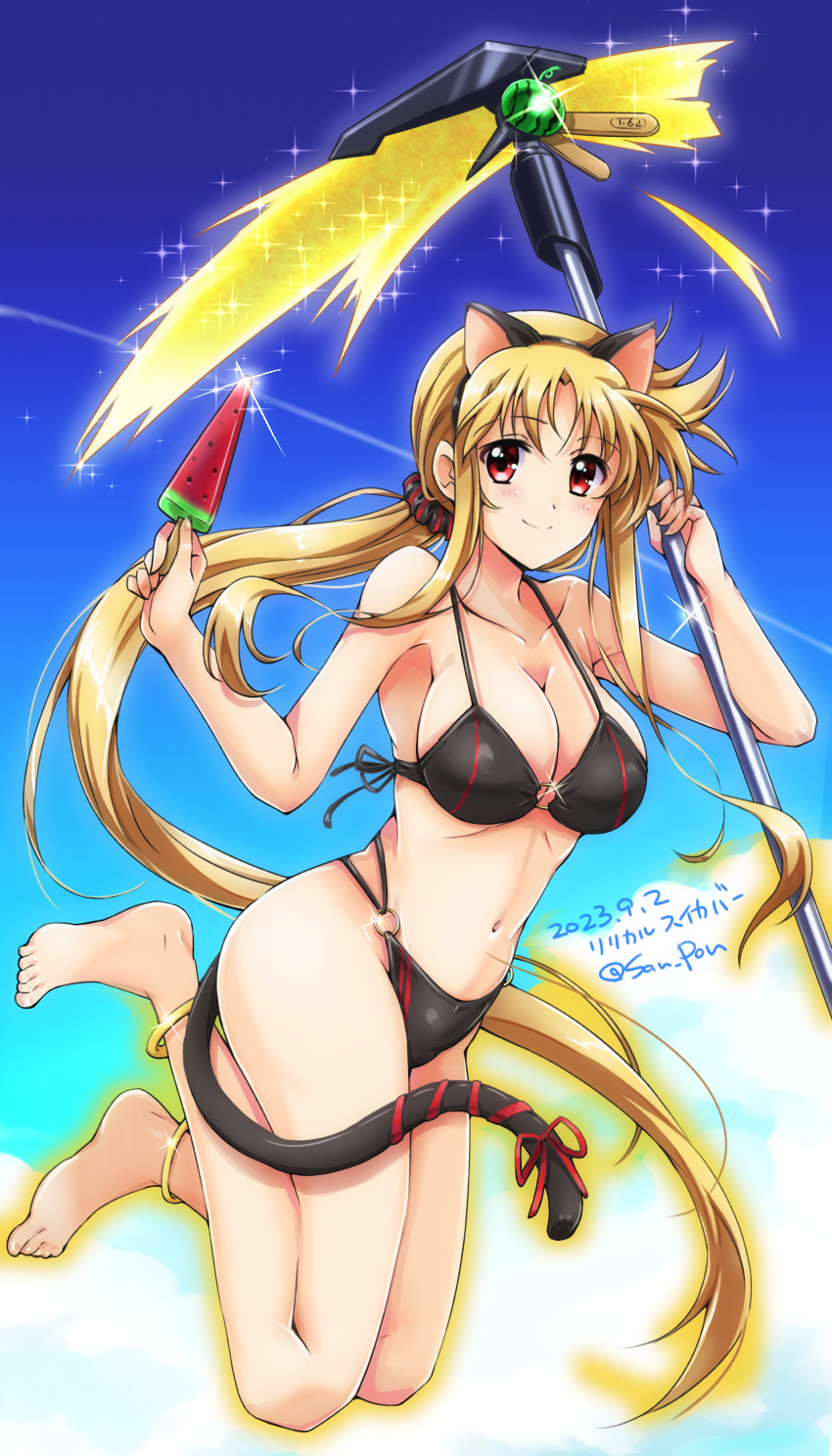 1girl animal_ears artist_name bardiche bikini black_bikini blonde_hair blush breasts cat_ears cat_tail cleavage closed_mouth dated fake_animal_ears fake_tail fate_testarossa food highres large_breasts long_hair looking_at_viewer lyrical_nanoha mahou_shoujo_lyrical_nanoha_strikers navel ponytail popsicle red_eyes san-pon signature sky smile solo swimsuit tail