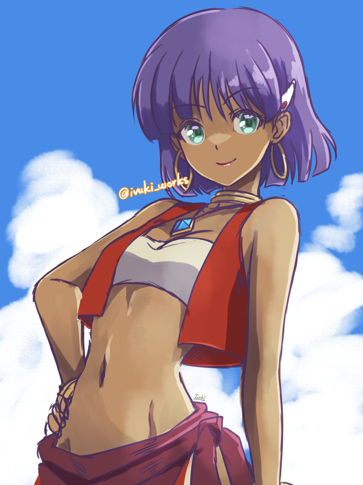 1girl arm_at_side artist_name bandeau bare_shoulders blue_gemstone blue_sky blunt_ends bob_cut bracelet breasts brown_sash cleavage closed_mouth cloud collarbone commentary cropped_vest dark-skinned_female dark_skin day earrings fushigi_no_umi_no_nadia gem green_eyes groin hair_ornament hairclip hand_on_own_hip highres hoop_earrings ivuki jewelry lips looking_at_viewer midriff nadia_la_arwall navel neck_ring necklace open_clothes open_vest outdoors pelvic_curtain pendant pink_lips purple_hair red_vest short_hair signature sketch sky sleeveless small_breasts smile solo standing tooth_necklace twitter_username upper_body vest white_bandeau