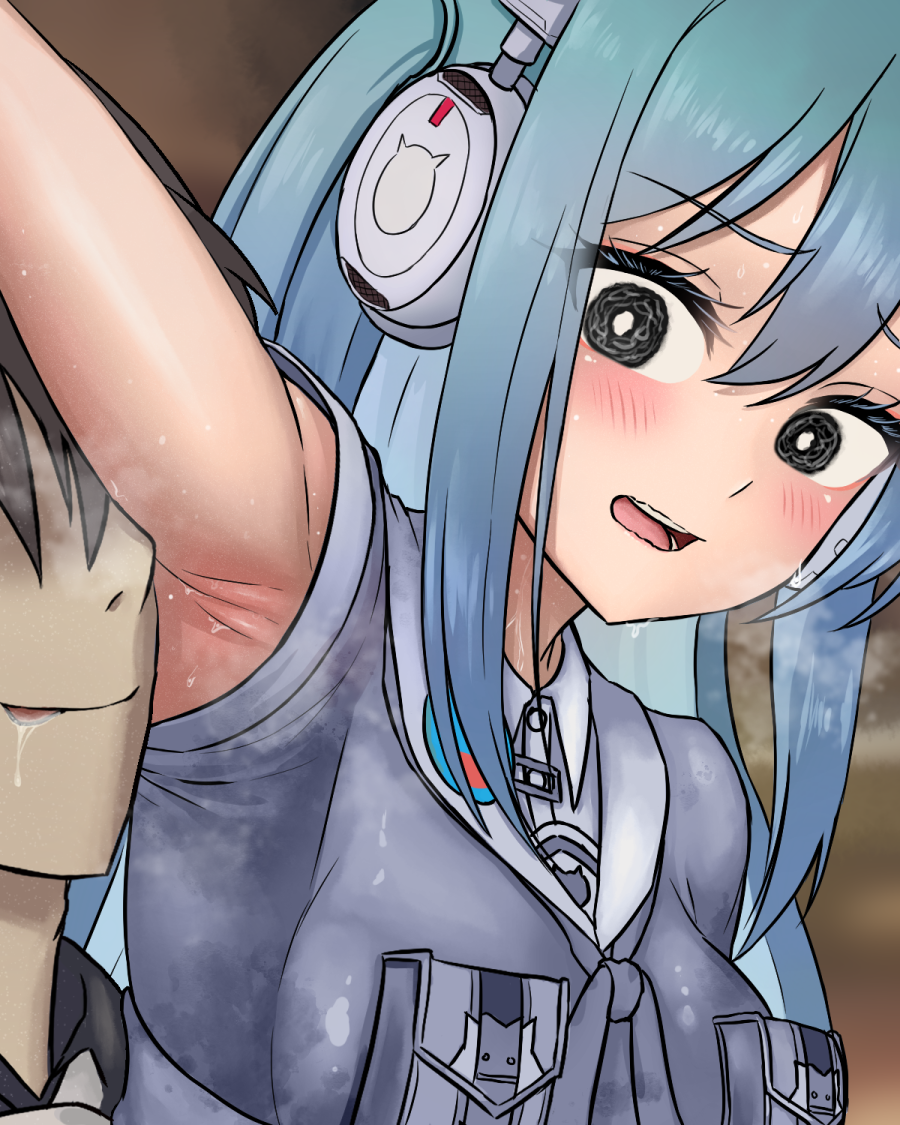 1boy 1girl armpits black_hair blue_hair blurry blurry_background blush breast_pocket breasts brown_background collared_shirt commander_(nikke) embarrassed eyelashes goddess_of_victory:_nikke hair_between_eyes headphones long_bangs long_hair looking_down naughty_face nose open_mouth pocket saliva shifty_(nikke) shirt sleeveless small_breasts smell sphere-stc steam steaming_body sweat sweaty_clothes uniform upper_body very_sweaty