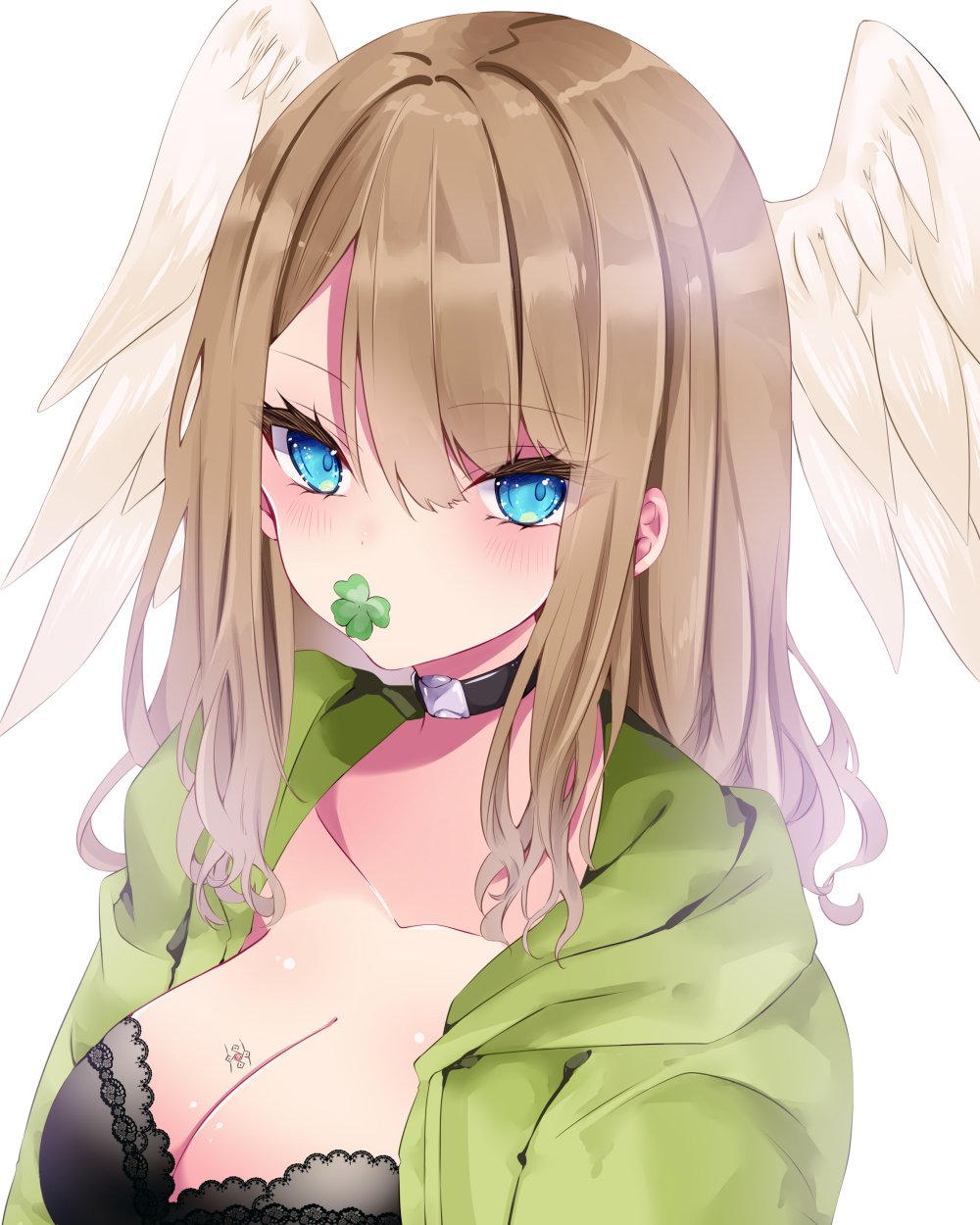 1girl black_choker blue_eyes blush breasts brown_hair choker cleavage clover collarbone commentary_request eunie_(xenoblade) feathered_wings four-leaf_clover green_jacket hair_between_eyes head_wings highres hood hood_down hooded_jacket jacket large_breasts long_hair looking_at_viewer mouth_hold nanase_nao open_clothes open_jacket simple_background solo upper_body white_background white_wings wings xenoblade_chronicles_(series) xenoblade_chronicles_3