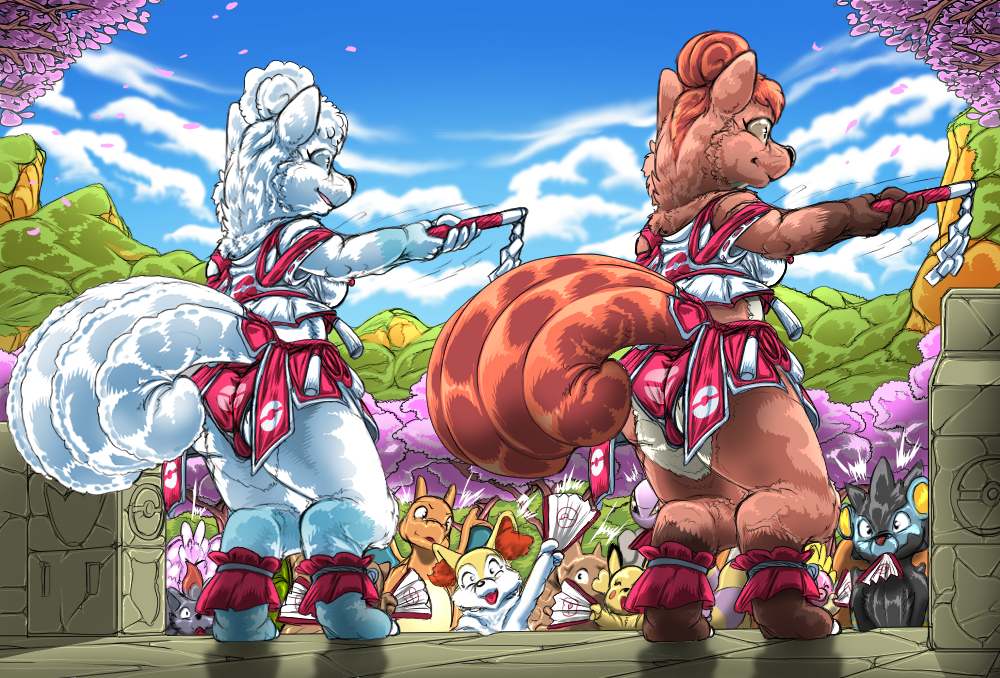 alolan_form alolan_vulpix anthro asian_clothing audience black_body black_fur blue_sky braixen breasts camel_toe canid canine charizard cherry_blossom cherry_blossom_tree cherry_tree claws clothed clothing cloud crowd day detailed_background dragon east_asian_clothing ekans felid female fruit_tree fur generation_1_pokemon generation_2_pokemon generation_3_pokemon generation_4_pokemon generation_5_pokemon generation_6_pokemon group hair japanese_clothing kitsune_youkai logo luxray mammal mountain nintendo open_mouth outside paper_fan pikachu plant pokeball pokemon pokemon_(species) regional_form_(pokemon) reptile rodent scalie shide shrine shrine_maiden sky smile smoochum snake tail tongue tree vulpix white_body white_fur wings yellow_body yellow_fur zorua