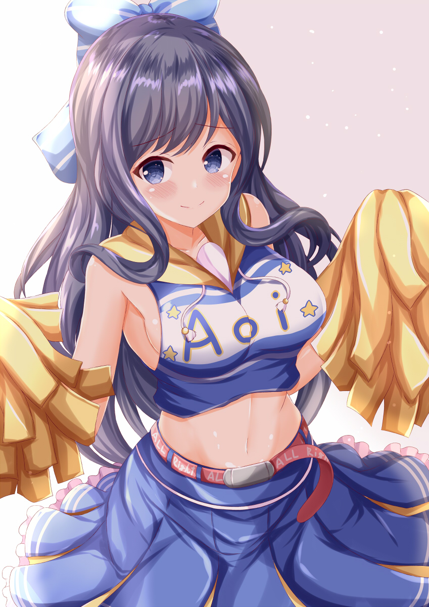 1girl bare_shoulders black_hair blue_bow blue_eyes blue_skirt blush bow breasts character_name cheerleader closed_mouth clothes_writing commentary_request crop_top drawstring grey_background hair_bow highres hood hood_down long_hair looking_at_viewer medium_breasts midriff misumi_aoi navel ongeki pleated_skirt pom_pom_(cheerleading) sideboob skirt smile solo star_(symbol) striped striped_bow very_long_hair white_background zenon_(for_achieve)