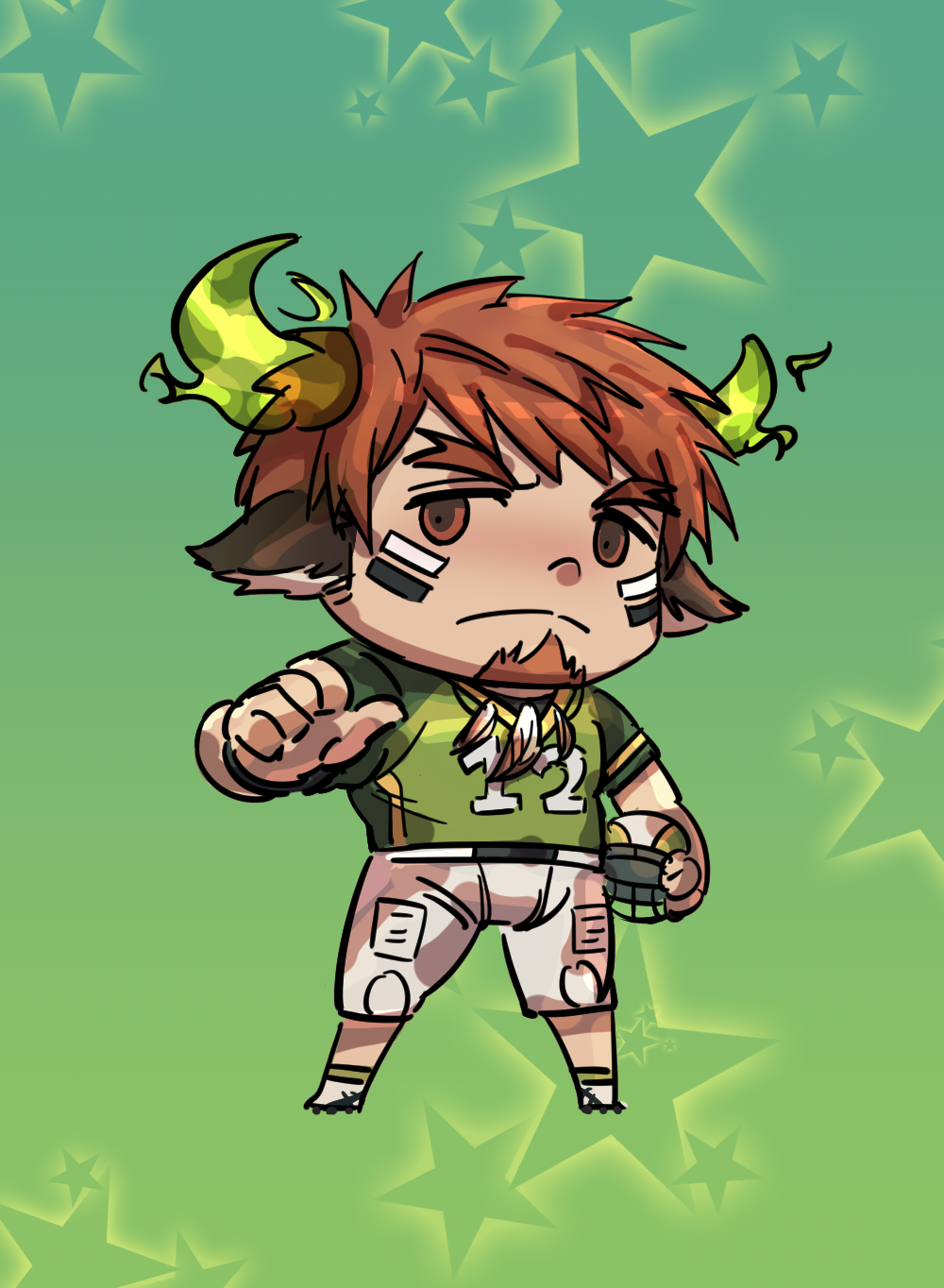 1boy animal_ears bara brown_hair chibi cow_boy cow_ears eye_black facial_hair fate/grand_order fate_(series) fiery_horns forked_eyebrows full_body glowing_horns goatee gradient_background headwear_removed helmet helmet_removed highres horns male_focus parody pointing pointing_at_self riyo_(lyomsnpmp)_(style) sdz_(inazuma) short_hair shorts sideburns simple_background solo sportswear style_parody thick_eyebrows tokyo_afterschool_summoners wakan_tanka white_shorts