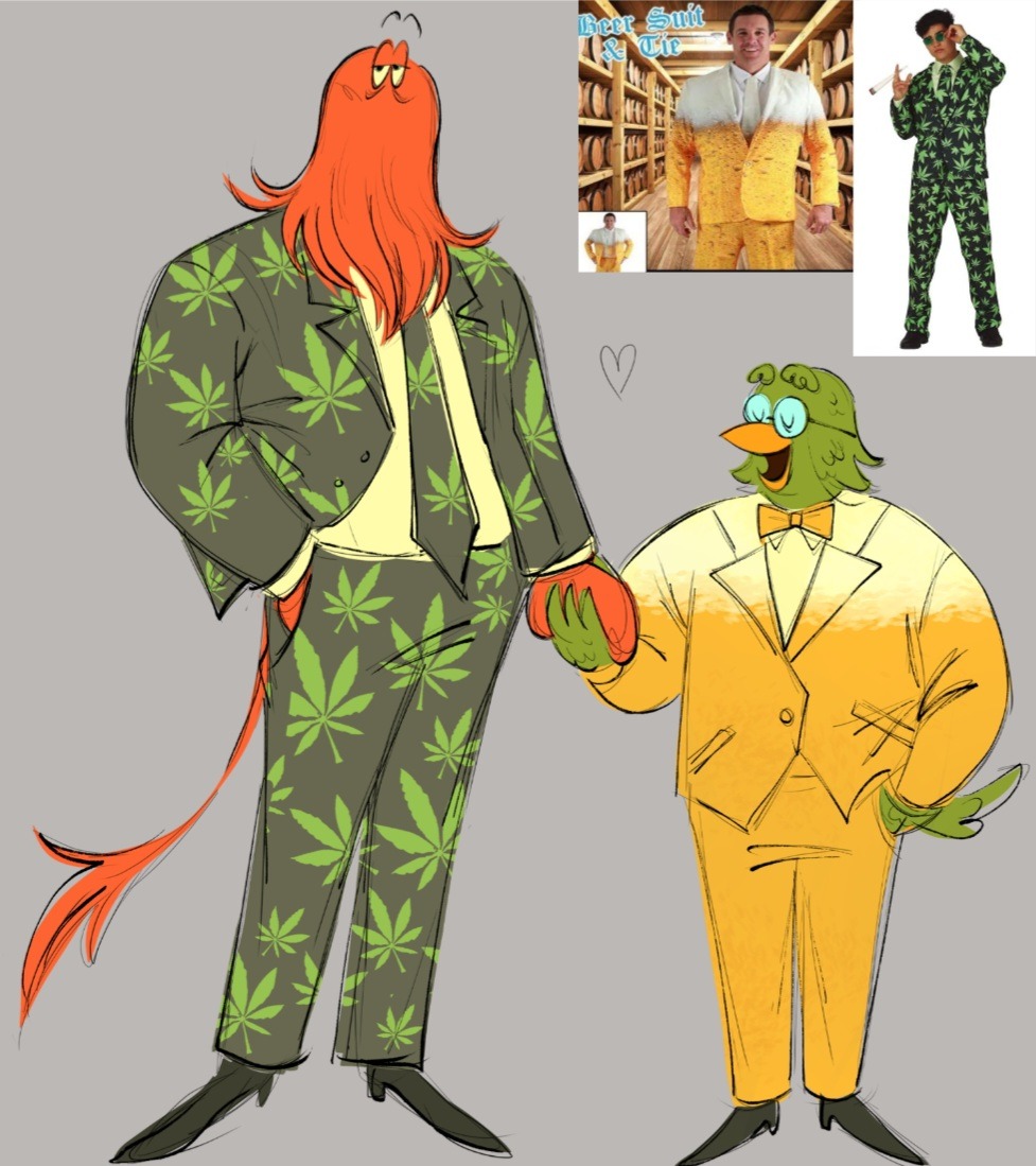 &lt;3 anthro avian beak bird bottomwear caligmaera clothing don't_hug_me_i'm_scared duck_guy_(dhmis) duo eyewear feathers footwear fur glasses green_body green_feathers hand_holding humanoid jacket male necktie pants real red_body red_fur red_guy_(dhmis) reference_image shirt shoes suit tail tail_feathers tail_tuft toony topwear tuft