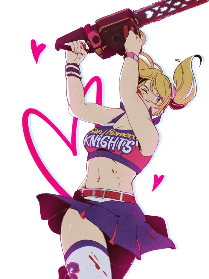 1girl belt blonde_hair blood blood_on_clothes blood_on_face blue_eyes breasts chainsaw cleavage commentary english_commentary hanpetos heart holding holding_chainsaw juliet_starling lollipop_chainsaw medium_breasts midriff miniskirt navel one_eye_closed red_belt skirt solo thighhighs toned twintails white_thighhighs zettai_ryouiki