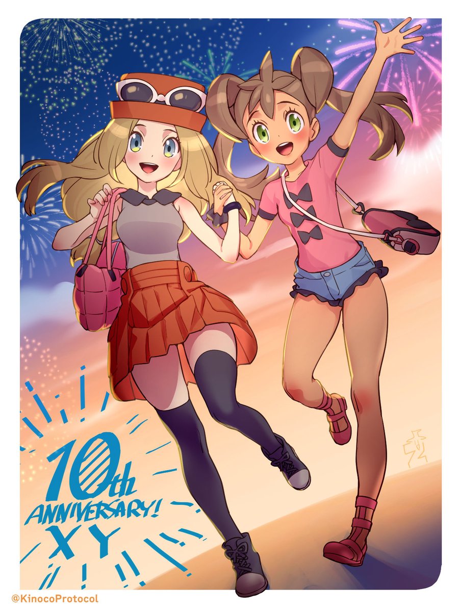 2girls anniversary arm_up bag blonde_hair border bracelet brown_hair collared_shirt commentary_request eyelashes fireworks green_eyes hat highres holding_hands jewelry kinocopro knees long_hair multiple_girls outdoors pink_bag pink_shirt pleated_skirt pokemon pokemon_(game) pokemon_xy serena_(pokemon) shauna_(pokemon) shirt shoes short_shorts short_sleeves shorts shoulder_bag skirt sky sleeveless sleeveless_shirt thighhighs twilight twintails twitter_username white_border