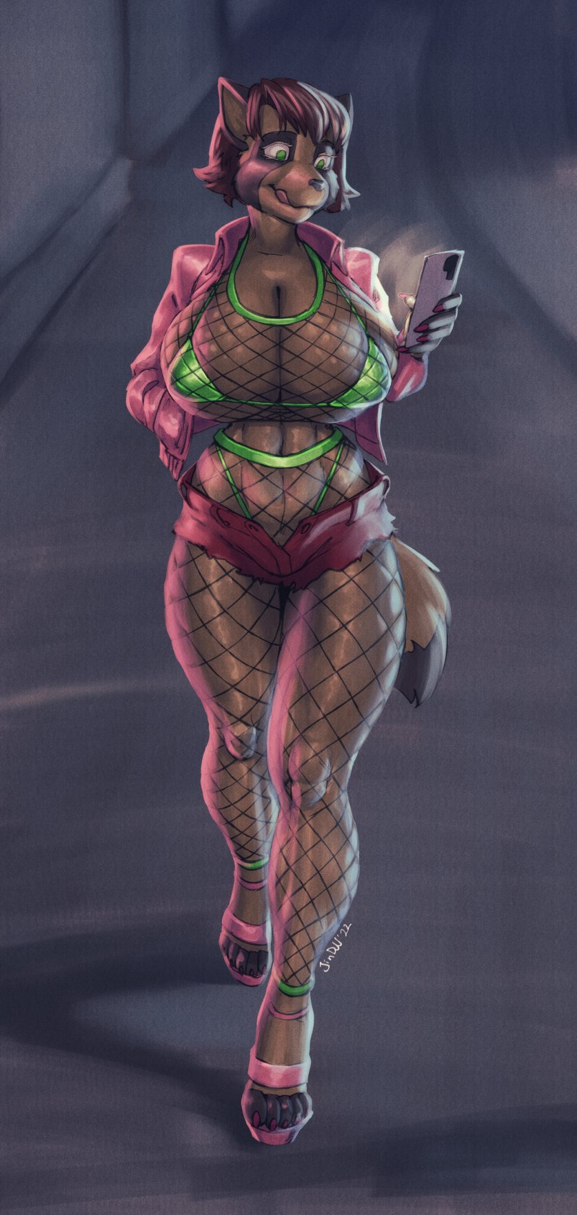 2022 5_fingers anthro big_breasts biped bottomwear breasts canid canine cellphone clothed clothing female fingers fishnet_clothing front_view green_eyes hair hi_res holding_cellphone holding_object holding_phone holding_smartphone huge_breasts jacket jindragowolf licking licking_lips mammal nipple_outline phone pink_clothing pink_jacket pink_topwear raccoon_dog rei_(jindragowolf) shorts skimpy smartphone smile solo tanuki tongue tongue_out topwear walking