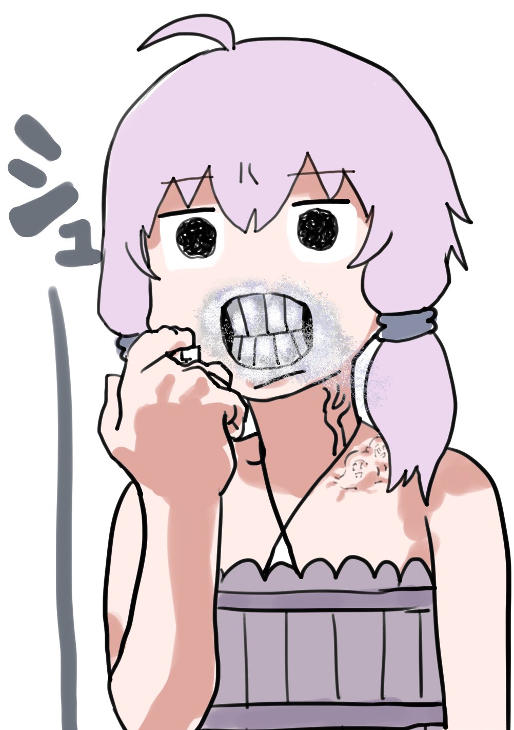 1girl ahoge angry bare_shoulders black_eyes clenched_teeth commentary dress empty_eyes furrowed_brow grey_dress grimace halter_dress halterneck hand_up highres looking_at_viewer mad_max mad_max:_fury_road parody purple_hair ribbed_dress seyanaa short_hair_with_long_locks simple_background solo spray_paint spraying teeth tmasyumaro upper_body veins vocaloid voiceroid white_background wide-eyed yuzuki_yukari