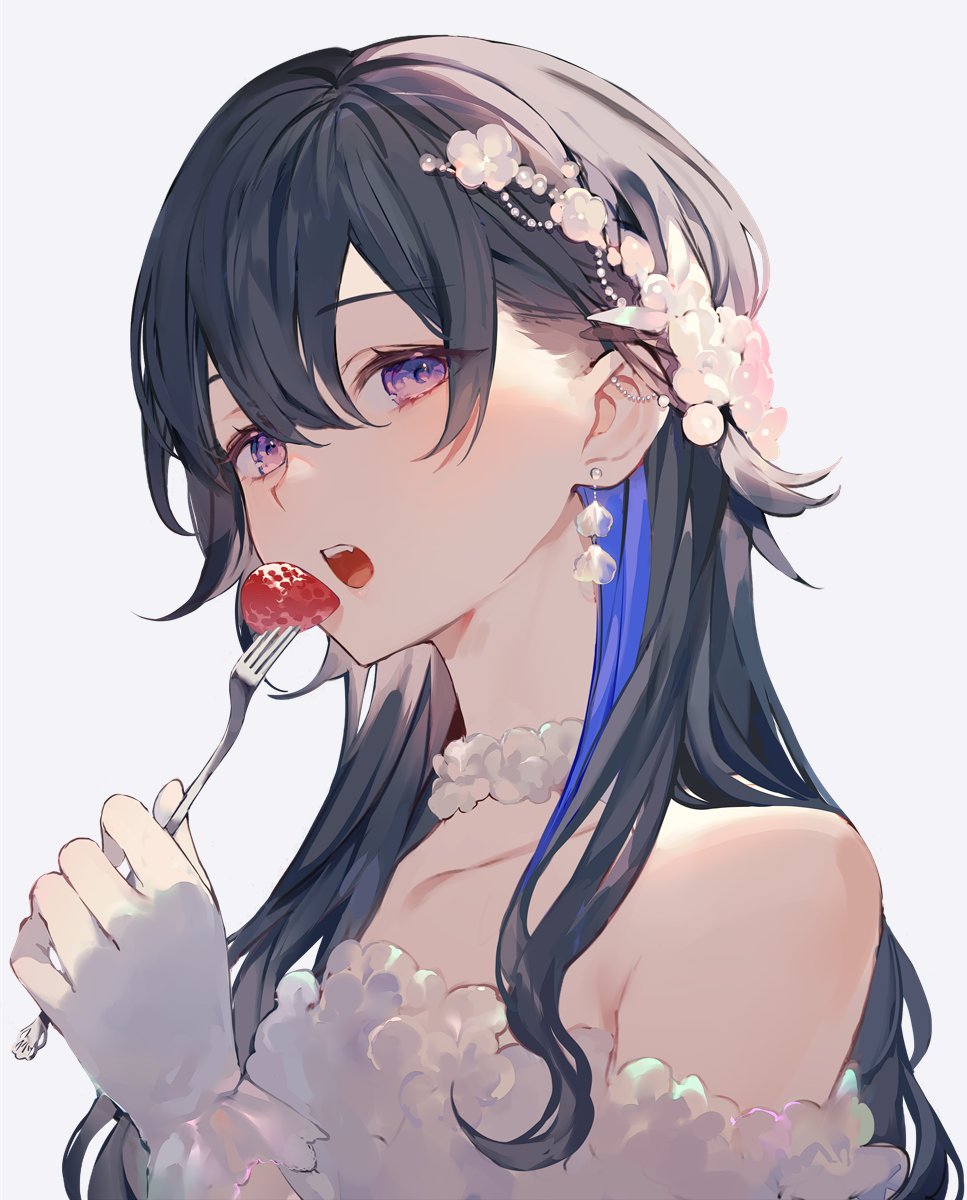 1girl achiki bare_shoulders blue_hair choker collarbone colored_inner_hair commentary dress ear_piercing earrings flower flower_earrings food fork frilled_choker frilled_dress frilled_gloves frills fruit gloves hair_flaps hair_flower hair_ornament highres holding holding_fork ichinose_uruha jewelry long_hair looking_at_viewer lupinus_virtual_games multicolored_hair off-shoulder_dress off_shoulder open_mouth piercing purple_eyes sidelocks simple_background solo strawberry swept_bangs symbol-only_commentary teeth upper_body upper_teeth_only virtual_youtuber vspo! white_background white_dress white_gloves